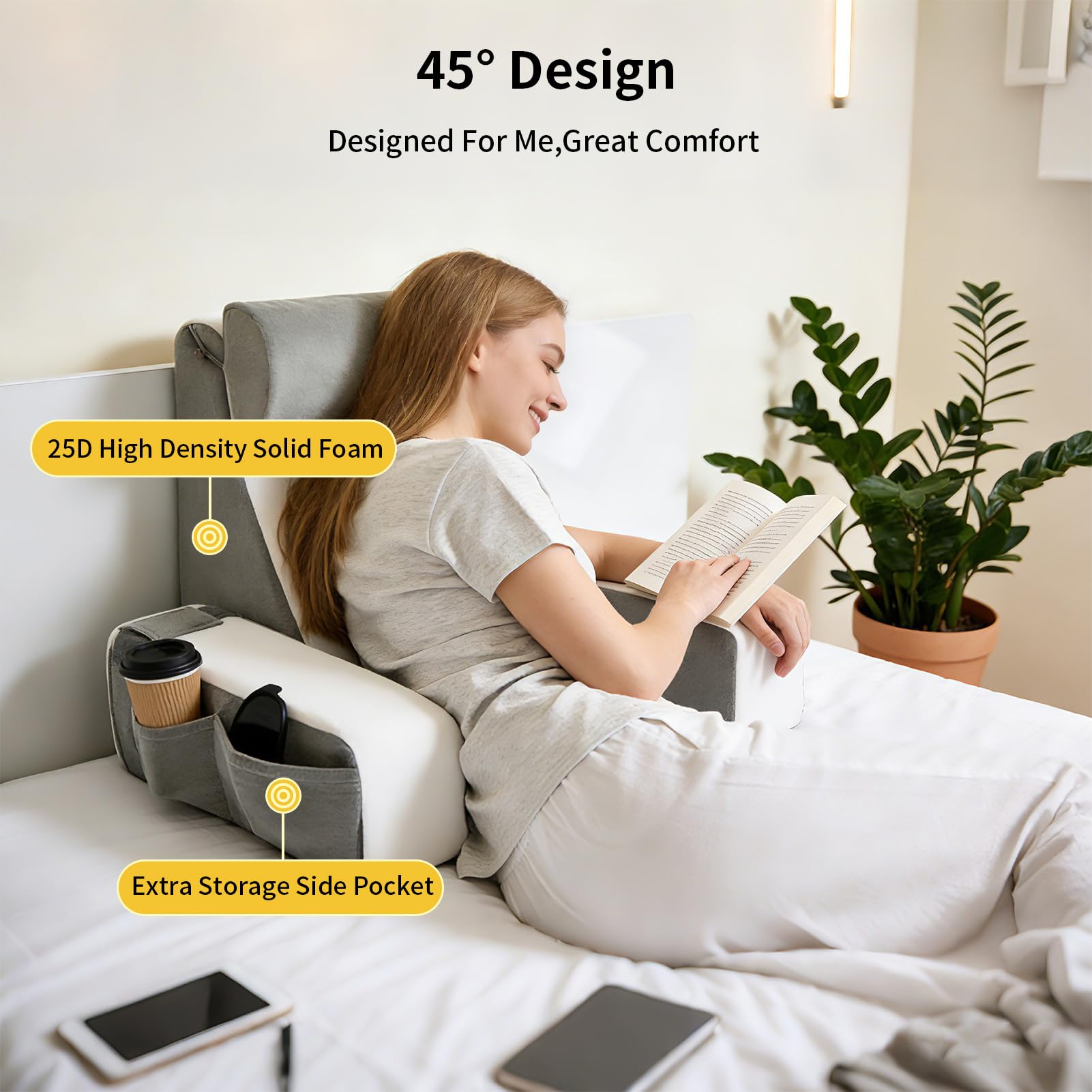 Lesekissen Für Bett Und Sofa, Rückenkissen Mit Abnehmbarer Nackenrolle & Armlehne, Rückenstützkissen Bett Mit Aufbewahrungstasche, Rückenlehne Kissen Zum Lesen, Arbeiten, Schlafen, Fernsehen