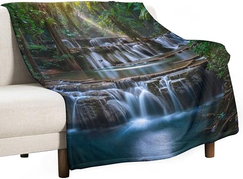 Natural Waterfall Throw Blanket, Soft Cozy Warm Flowing Stream Green Jungle Mossy Rock Flannel Blankets for Sofa Couch Bed, 30x40 Inch