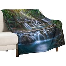 Natural Waterfall Throw Blanket, Soft Cozy Warm Flowing Stream Green Jungle Mossy Rock Flannel Blankets for Sofa Couch Bed, 30x40 Inch