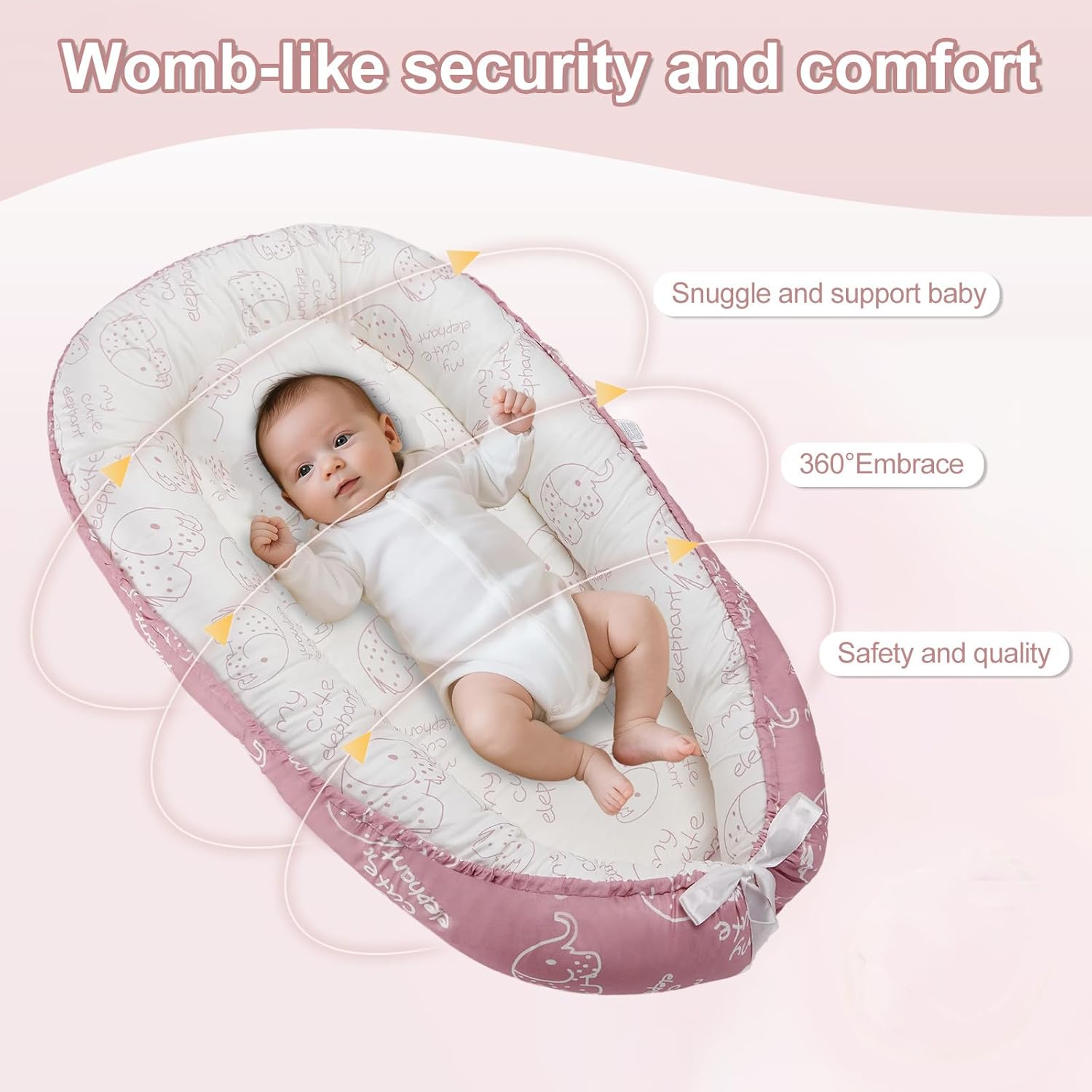 Baby Lounger for Newborn (0-24 Months) - 100% Cotton Baby Nest with Handles, 2-in-1 Play Mat & Diaper Changing Pad, Portable for Home & Travel, Infant Essentials Gifts (Elephant Pink)