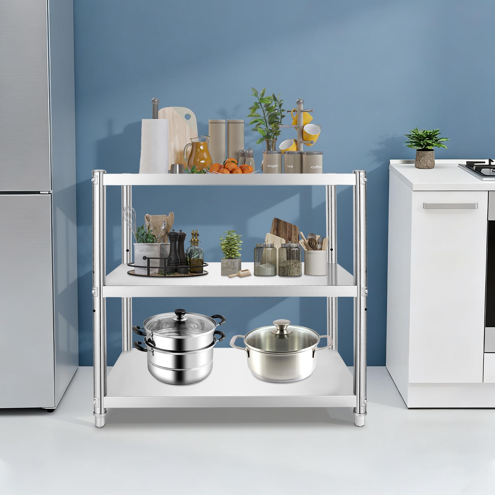 Mesa de trabajo de acero inoxidable, 80 x 80 x 40 cm, soporta 30 kg, 3 estantes, mesa de acero inoxidable, estantería de cocina, para gastro, para cargas pesadas, para barbacoa, cocina, hogar