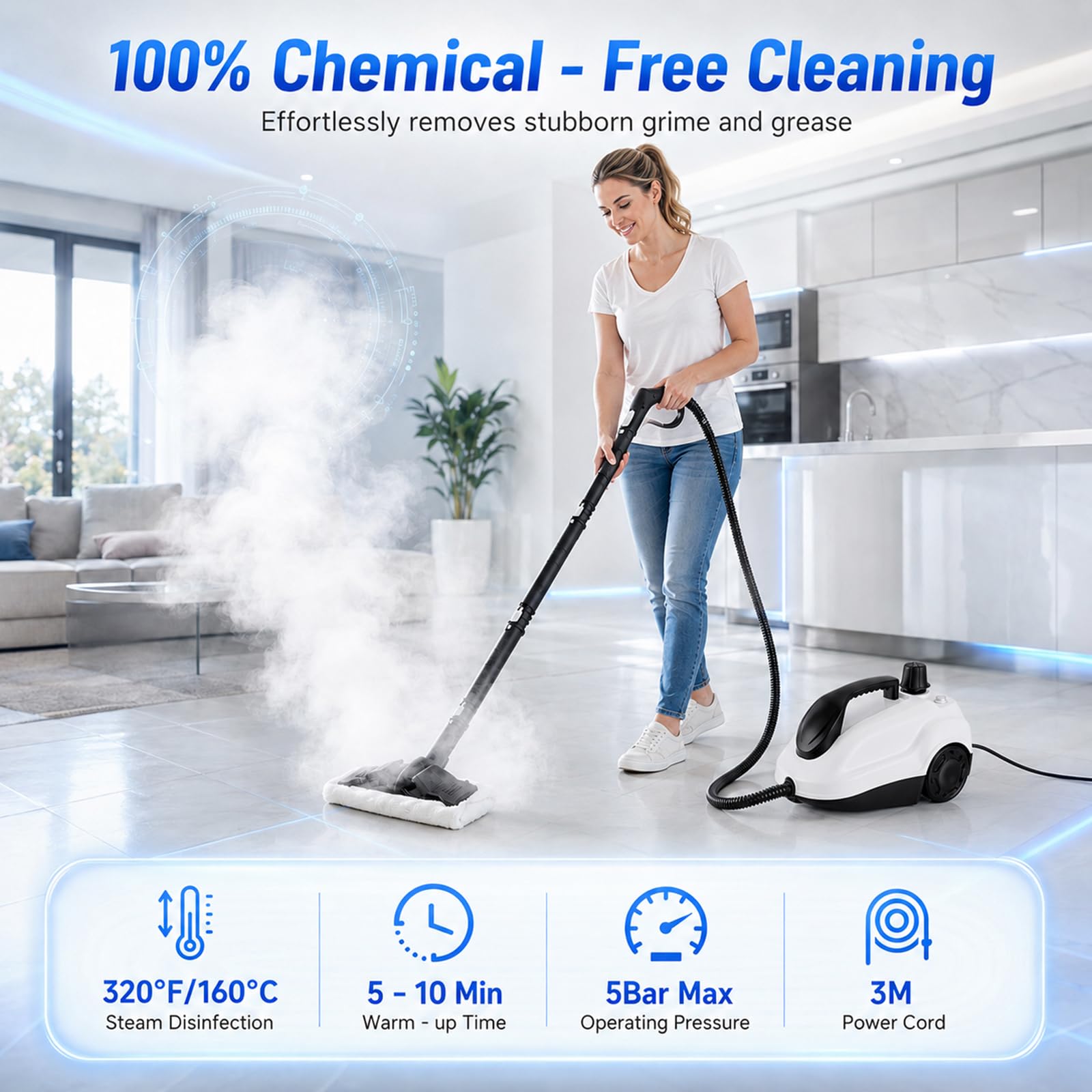 Pulitore a vapore da 2000 W, detergente per mobili imbottiti, serbatoio da 1600 ml e display LED, set di accessori da 21 pezzi, ruote universali e tubo resistente al calore per pavimenti, tappeti
