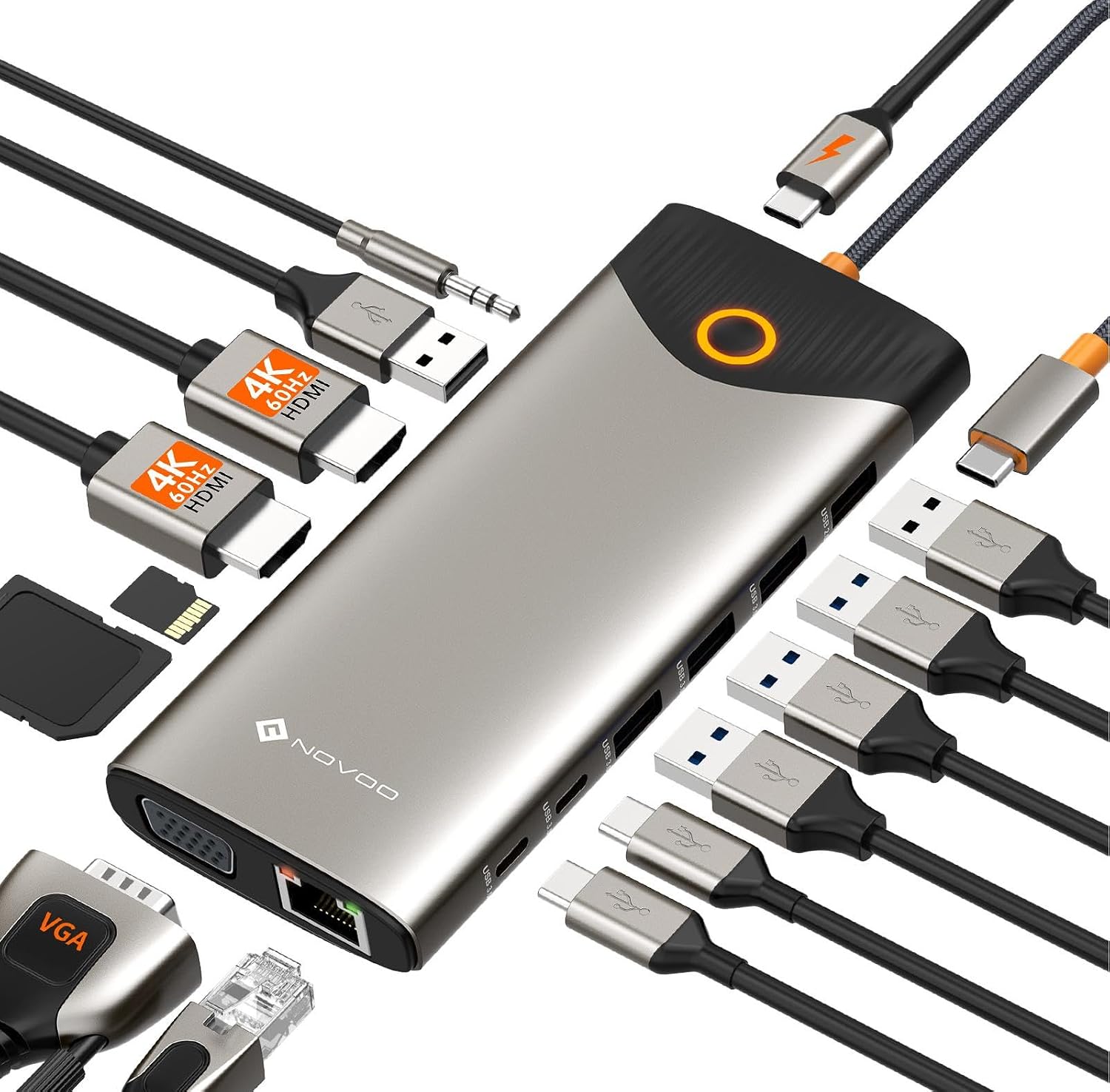 NOVOO USB C Docking Station Triple Display 15 in 1USB C Hub Dual 4K@60Hz HDMI Adapter mit VGA Gigabit Ethernet5USB-A/2USB-C Datenports100W PDSD/TFAudio/Mic Multiport Dock f r MacBook Dell Lenovo