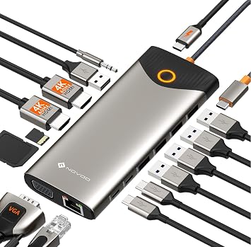 NOVOO USB C Docking Station Triple Display 15 in 1USB C Hub Dual 4K@60Hz HDMI Adapter mit VGA Gigabit Ethernet5USB-A/2USB-C Datenports100W PDSD/TFAudio/Mic Multiport Dock für MacBook Dell Lenovo