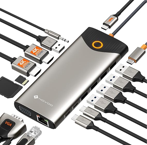 NOVOO USB C Docking Station Triple Display 15 in 1USB C Hub Dual 4K@60Hz HDMI Adapter mit VGA Gigabit Ethernet5USB-A/2USB-C Datenports100W PDSD/TFAudio/Mic Multiport Dock für MacBook Dell Lenovo