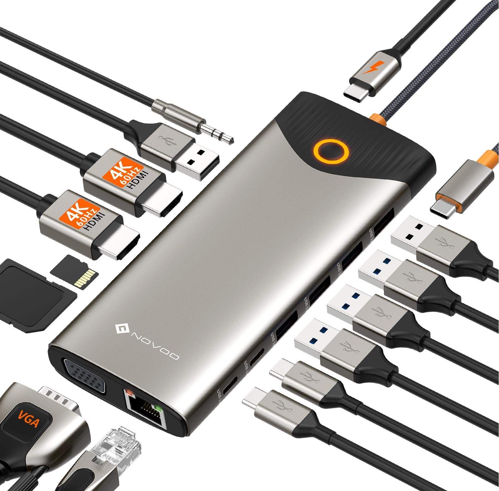 NOVOO USB C Docking Station Triple Display 15 in 1,USB C Hub Dual 4K@60Hz HDMI Adapter mit VGA Gigabit Ethernet,5USB-A/2USB-C Datenports,100W PD,SD/TF,Audio/Mic Multiport Dock für MacBook Dell Lenovo