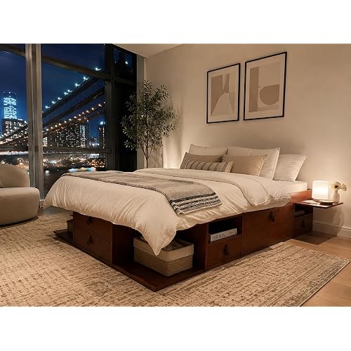 memomad Bali Full Size Set: Storage Platform Bed with Drawers and Compartments + Storage Headboard with Doors, Solid Pine Wood Furniture with Underbed Storage, No Box Spring Needed, Caramel Brown