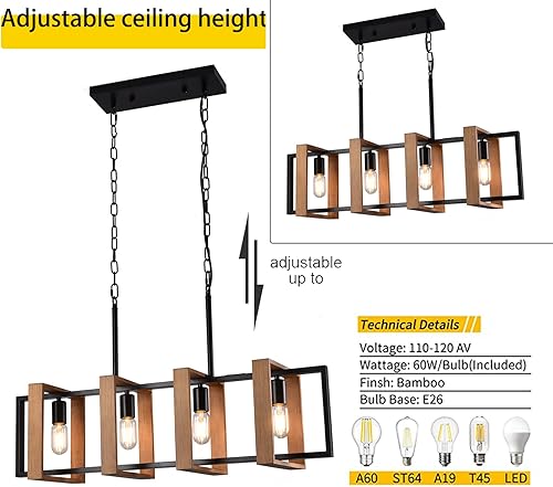 Miniatura 5 de Lámpara de araña de 33 pulgadas para isla de cocina, lámpara rústica de 4 luces, lámpara colgante industrial moderna negra para mesa de comedor y