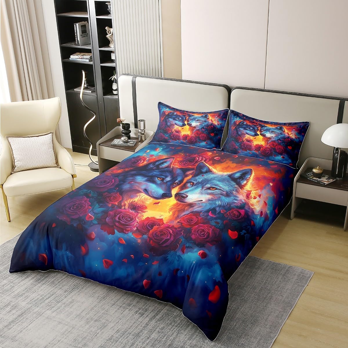 Wolf Couple Duvet Cover Queen Size for Kids Boys Teens,3D Watercolor Animals 3 Pieces Duvet Cover,Dreamy Red Rose Flowers Comforter Cover (Not Comforter),Tie Dyed Sky Quilt Cover