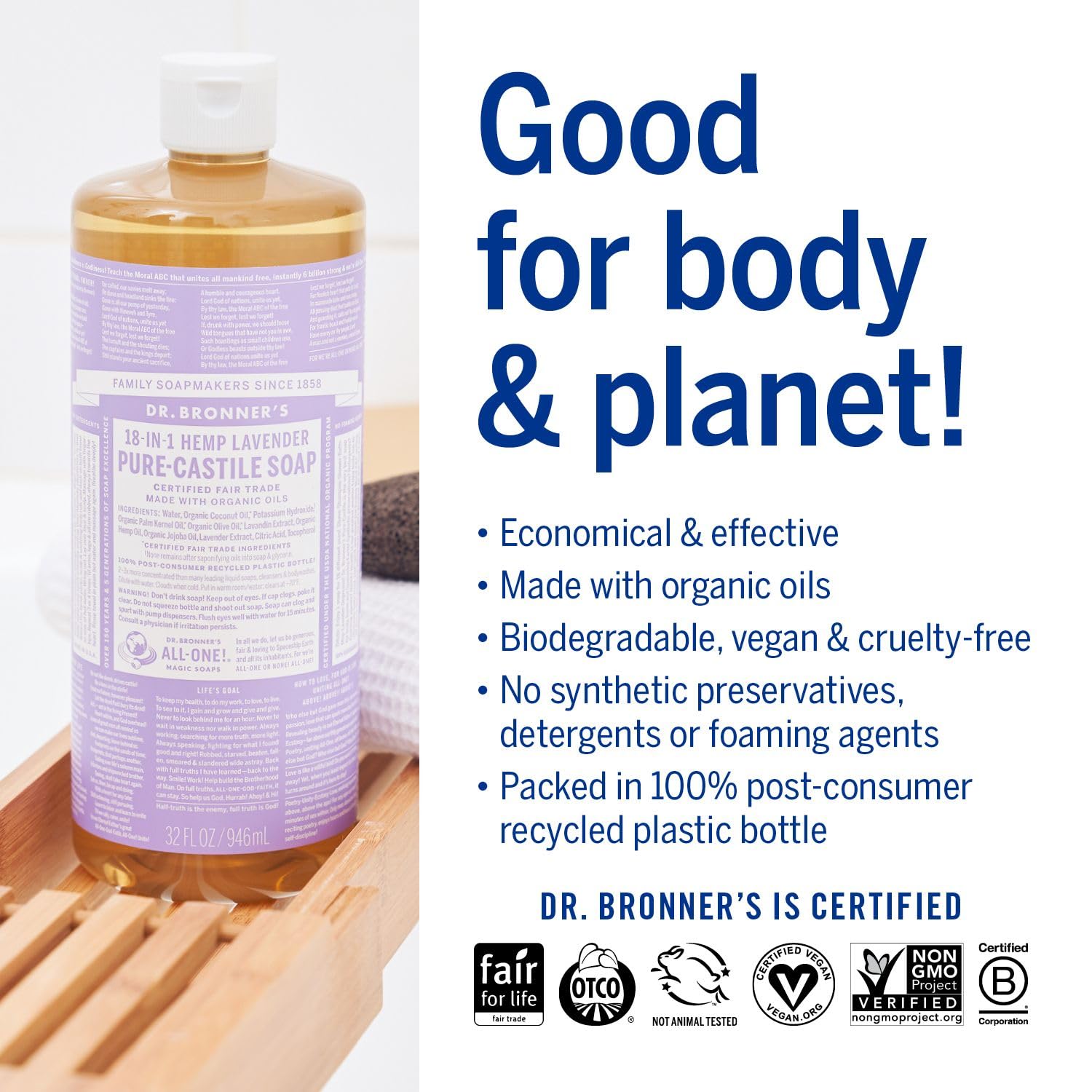 Dr. Bronner's - Pure-Castile Liquid Soap (Lavender, 32 Ounce) - Made with Organic Oils, 18-in-1 Uses: Face, Body, Hair, Laundry, Pets and Dishes, Concentrated, Vegan, Non-GMO