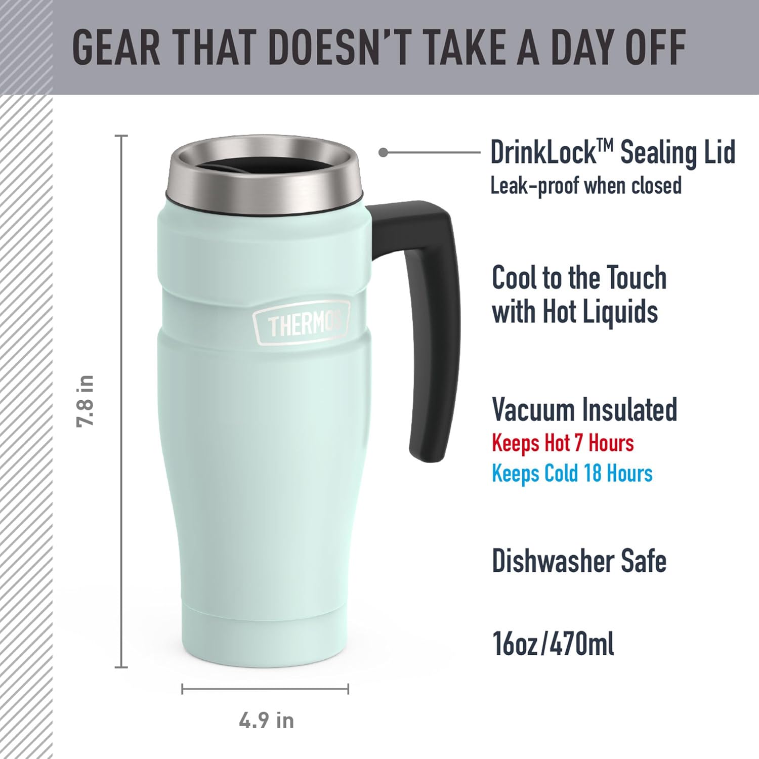 THERMOS Stainless King Travel Mug with Handle, 16oz, Matte Light Blue image 2
