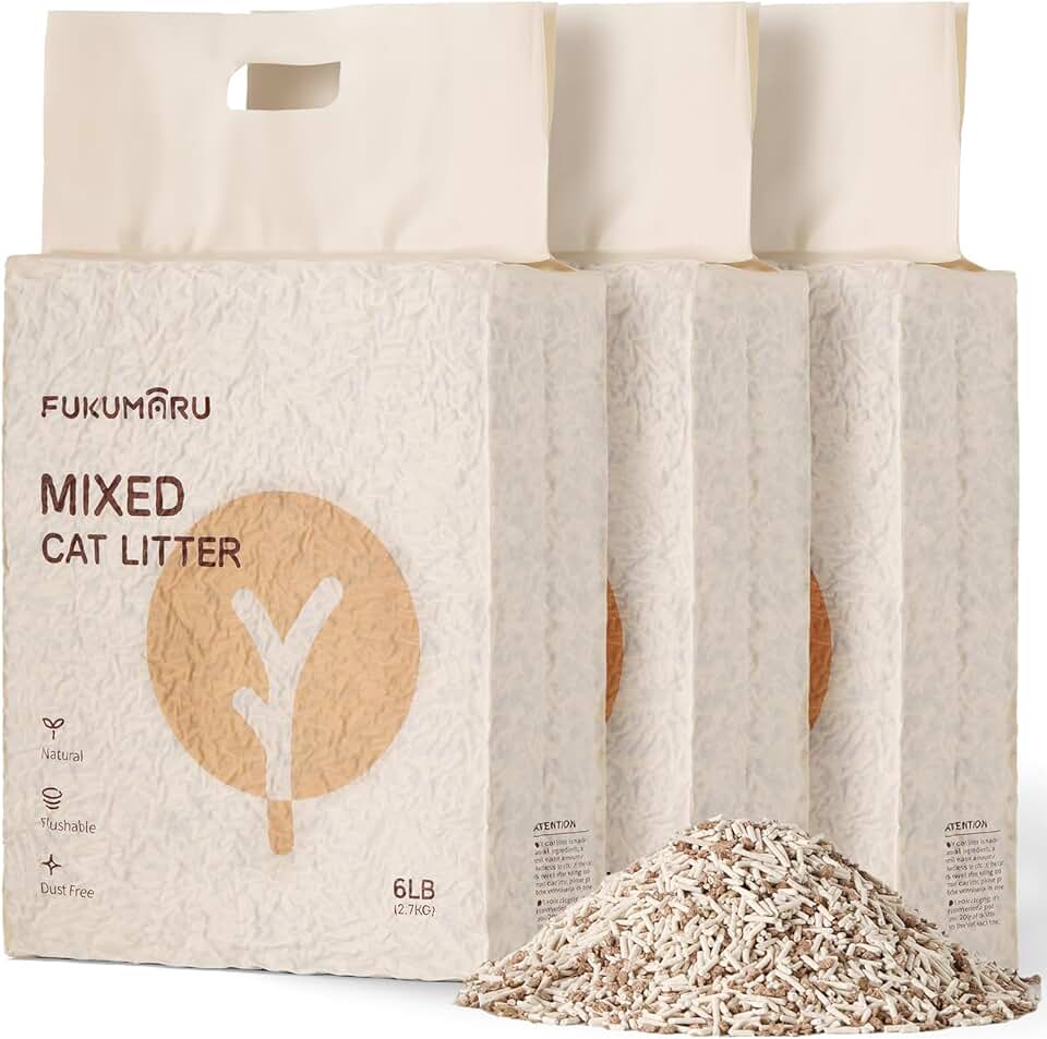 FUKUMARU Tofu Cat Litter, 18 LBS Clumping Cat Litter Flushable, Dust Free, Natural, Unscented, Lightweight, Low Tracking, Mixed Apple Wood, 24/7 Odor Control, 6lb x 3bags