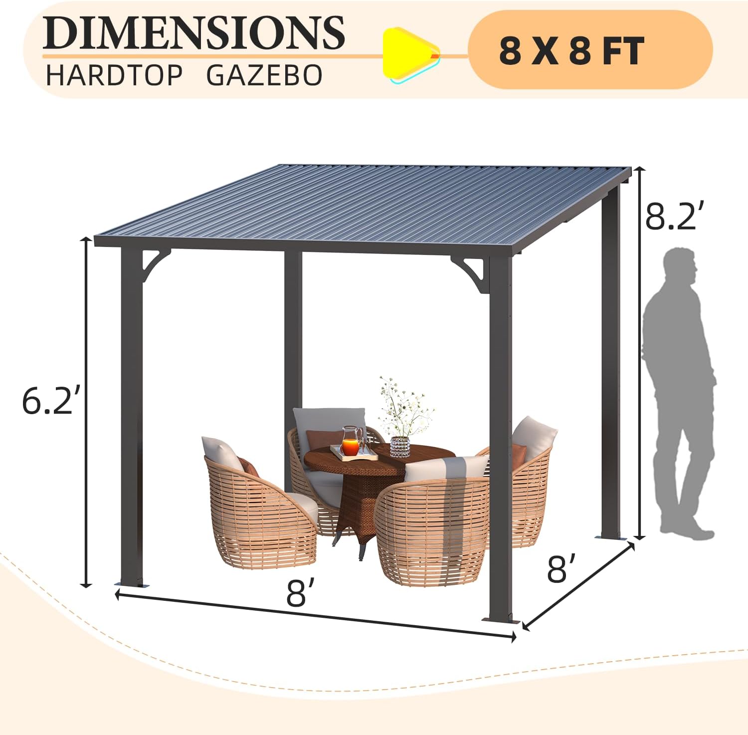 Dimensions diagram for the AECOJOY 8x8 Hardtop Gazebo