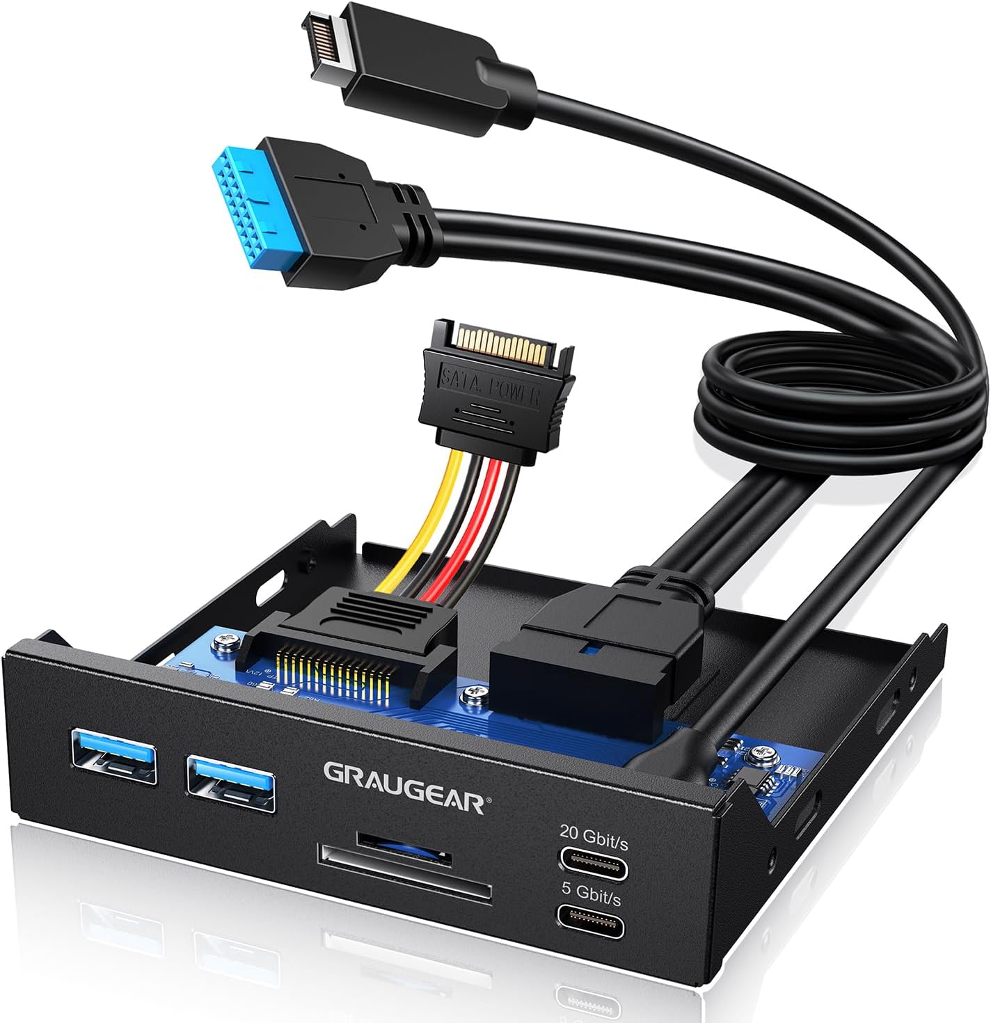 GRAUGEAR 3.5" PC Front Panel USB Hub - USB-C and USB 3.0 Ports, SD/microSD Card Reader, 3.5 inch Drive Bay Expansion for Desktop, Requires 19-Pin USB3.0 & 20-Pin Type-C Key A Header
