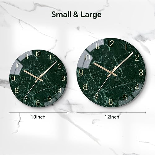 Miniatura 2 de VIKMARI Reloj de pared de cristal verde esmeralda, silencioso, sin tictac, funciona con pilas, 10 pulgadas, textura moderna de mármol, decoración