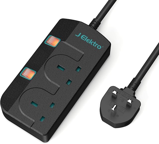 Extension Lead, J Elektro Power Strips with 2 Way Outlets Extension Cord, Heavy Duty Plug 3 Meter Cable Extension Socket- Black