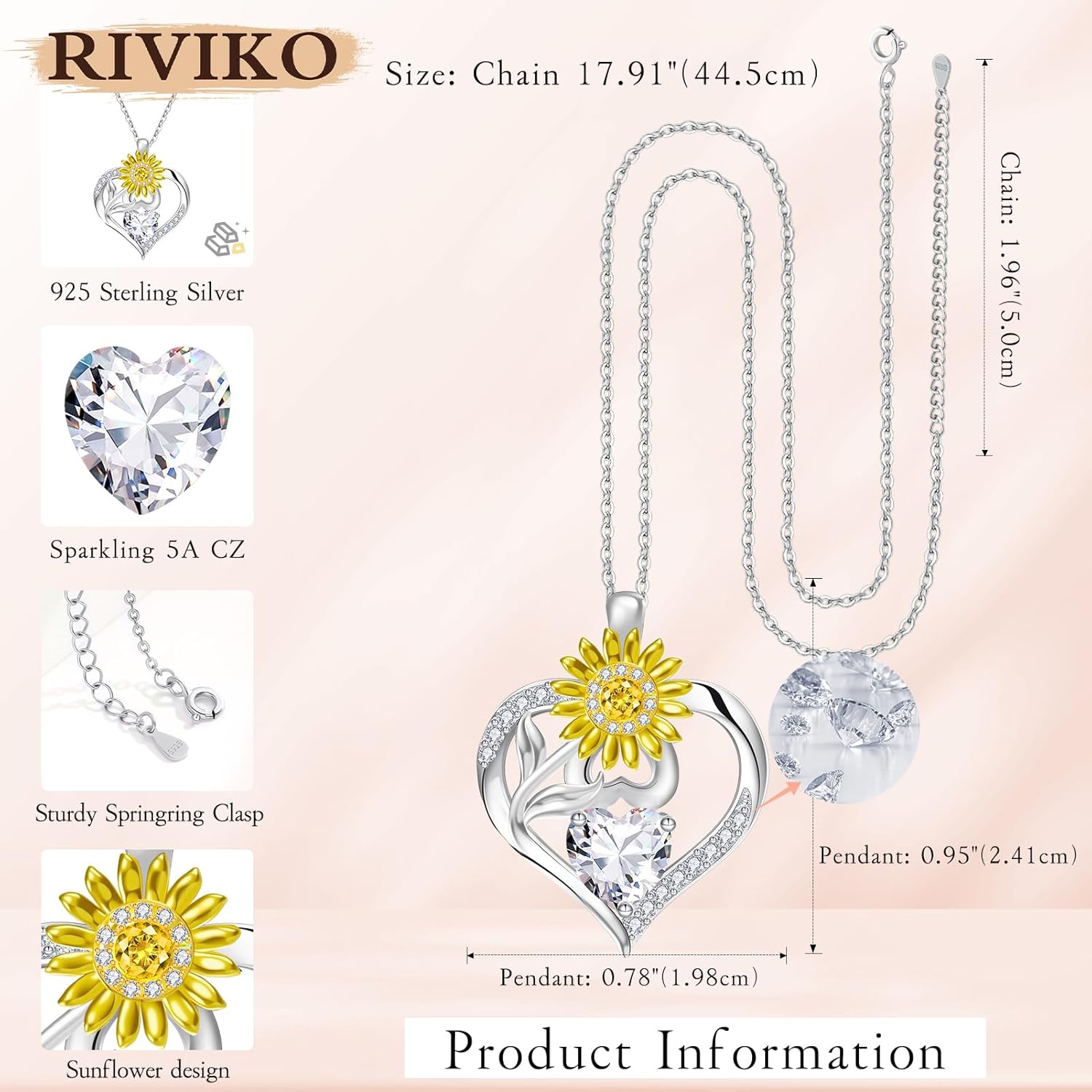 RIVIKO Valentine's Day Gifts for Her-Sunflower Birthstone Necklace for Women,925 Sterling Silver Heart Pendant,Anniversary Birthday Gifts for Women,Birthstone Jewelry for Wife Mother - Image 6