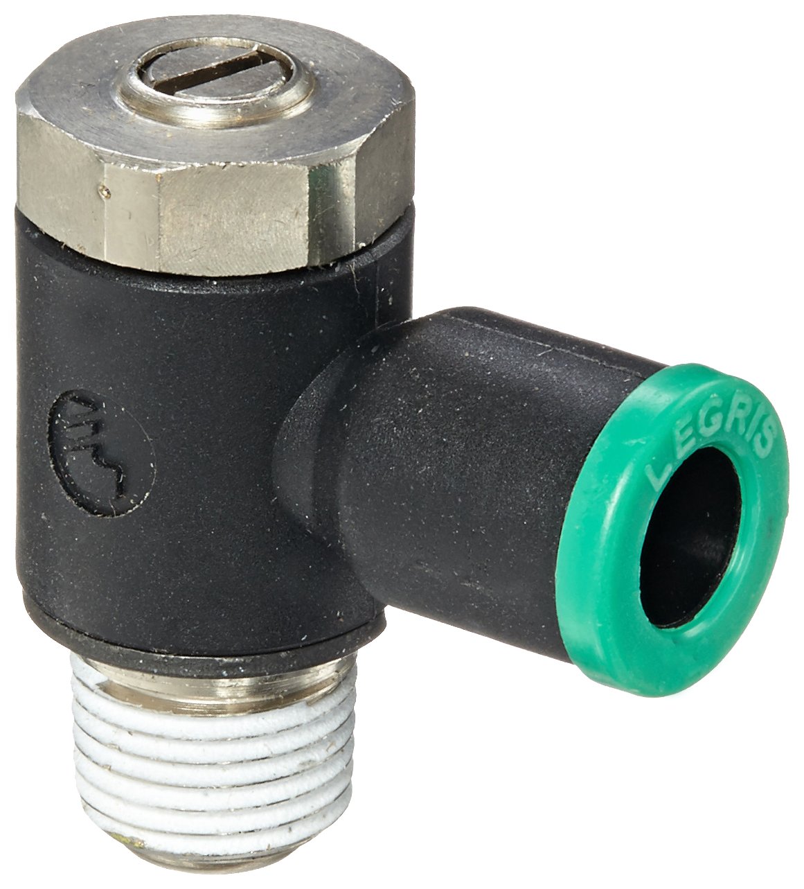 Legris 7015 56 11 Nylon Air Flow Control Valve, 90 Degree Elbow, Meter-Out, Slotted Screw, 1/4" Tube OD x 1/8 NPT Male