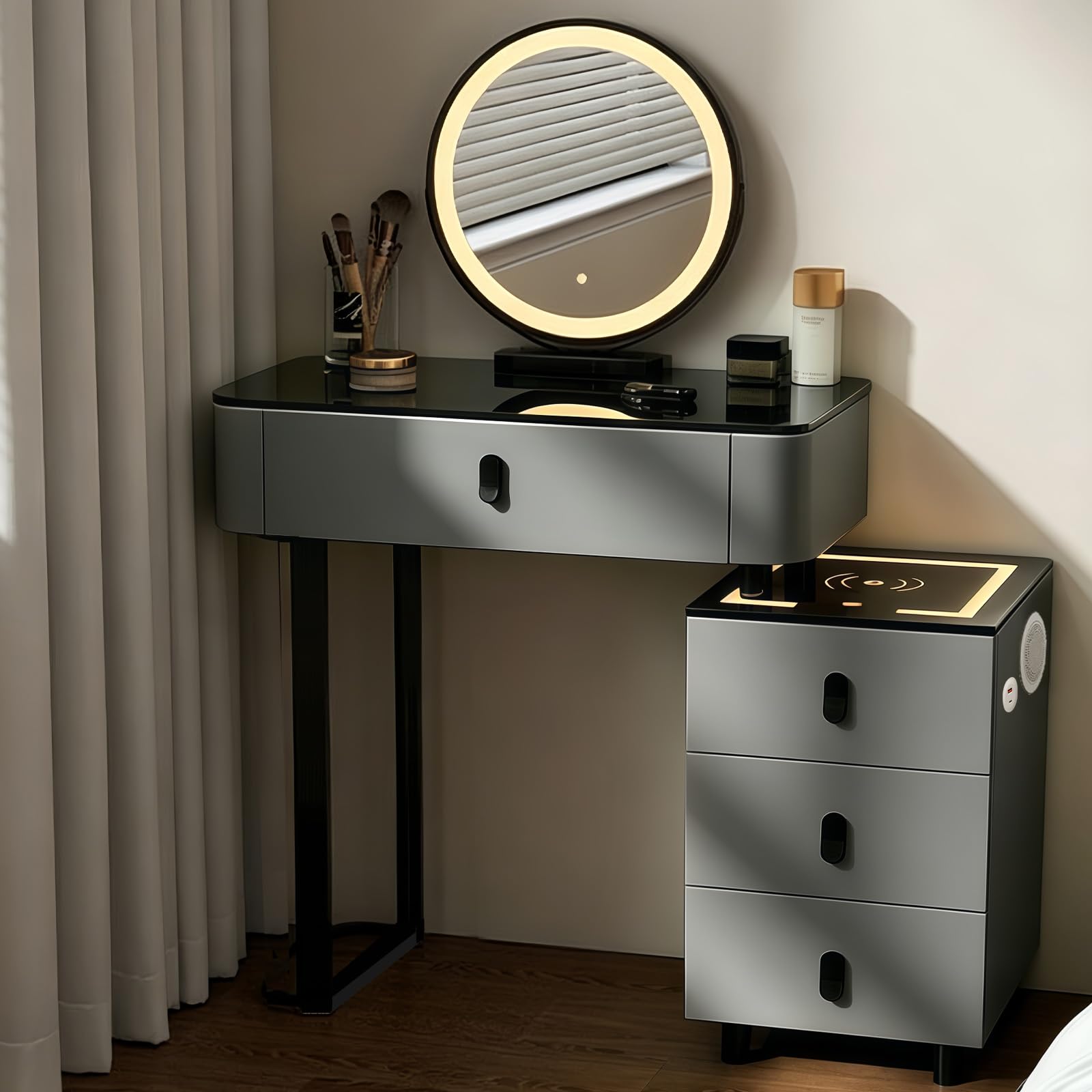 MJKCBD Small Dressing Table with LED Mirror, Smart Side Cabinet, Teen Girls