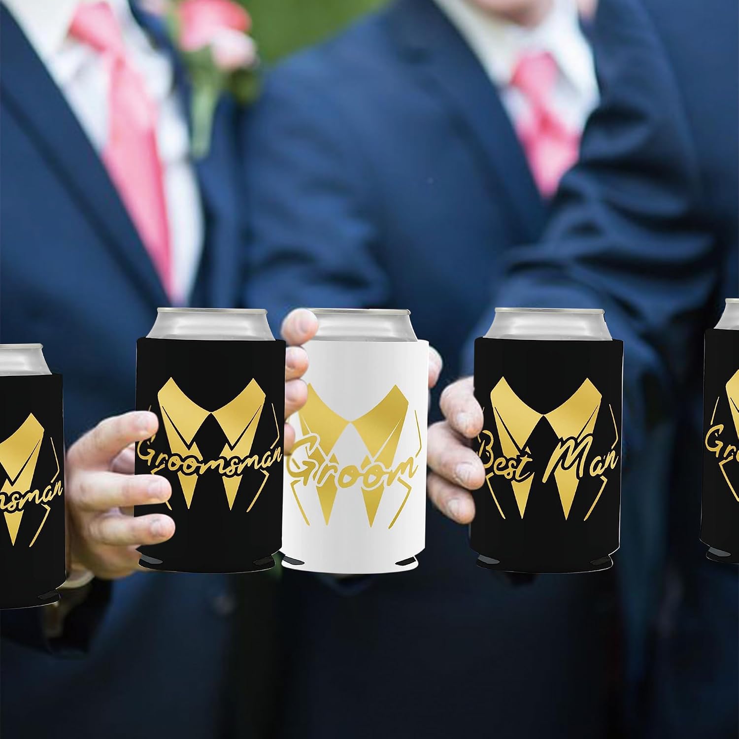 PartyGifts&Beyond 7Pack Bachelor Party Favors Groomsmen Can Cooler Groom and Best Man Can Cooler Sleeves for Wedding Gift(Gold)
