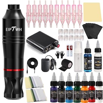 Tattoo Kit,Tattoo Gun Kit for Beginners Rotary Tattoo Machine Pen Kit with 10pcs Cartridges Needles,Rotary Tattoo Machine Kit with 7 Colors Tattoo Inks for Tattoo Artist Tattoo Supplies