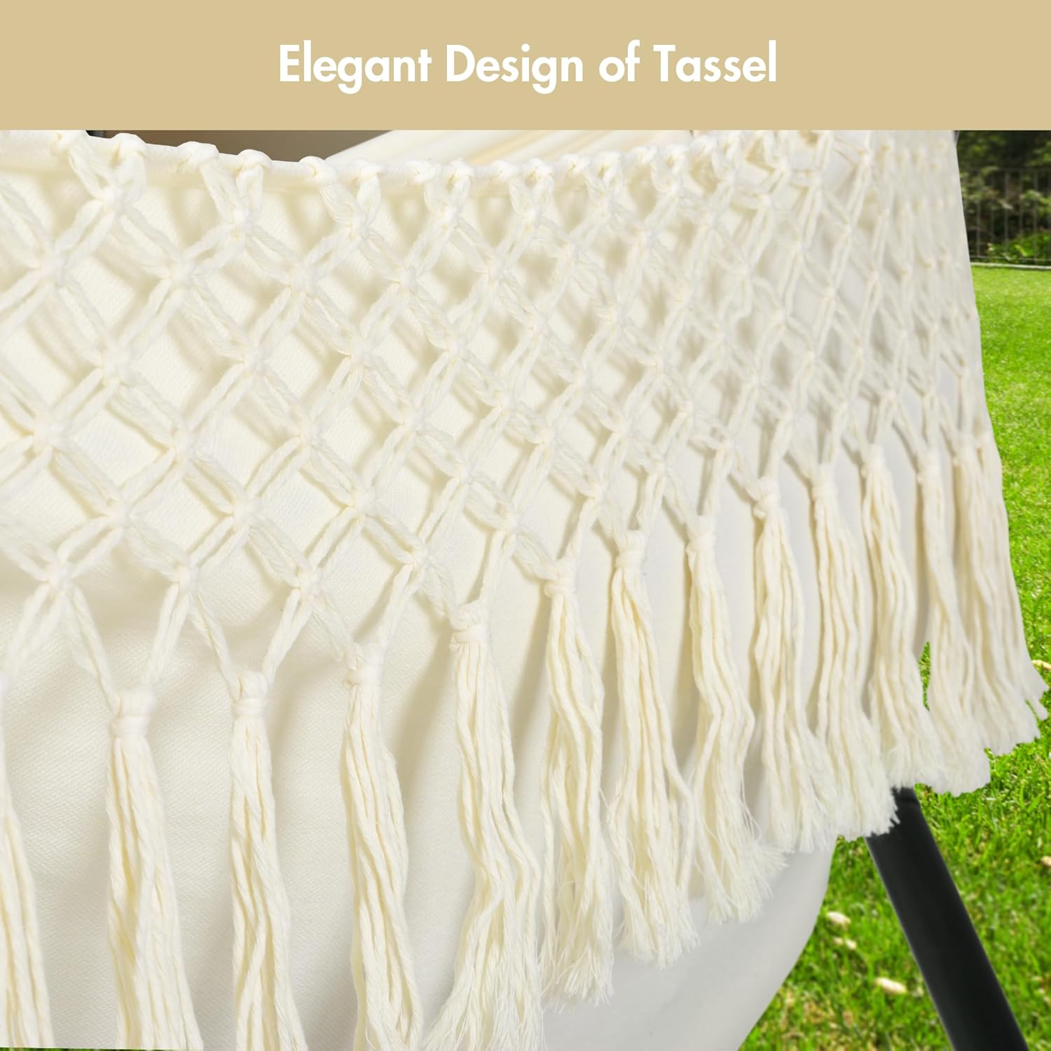 ANOW Outdoor Hammock with Stand Included, Space Saving Heavy-Duty Hammock Stand with Adjustable Height, 475 Lbs Capacity, Cream with Tassels