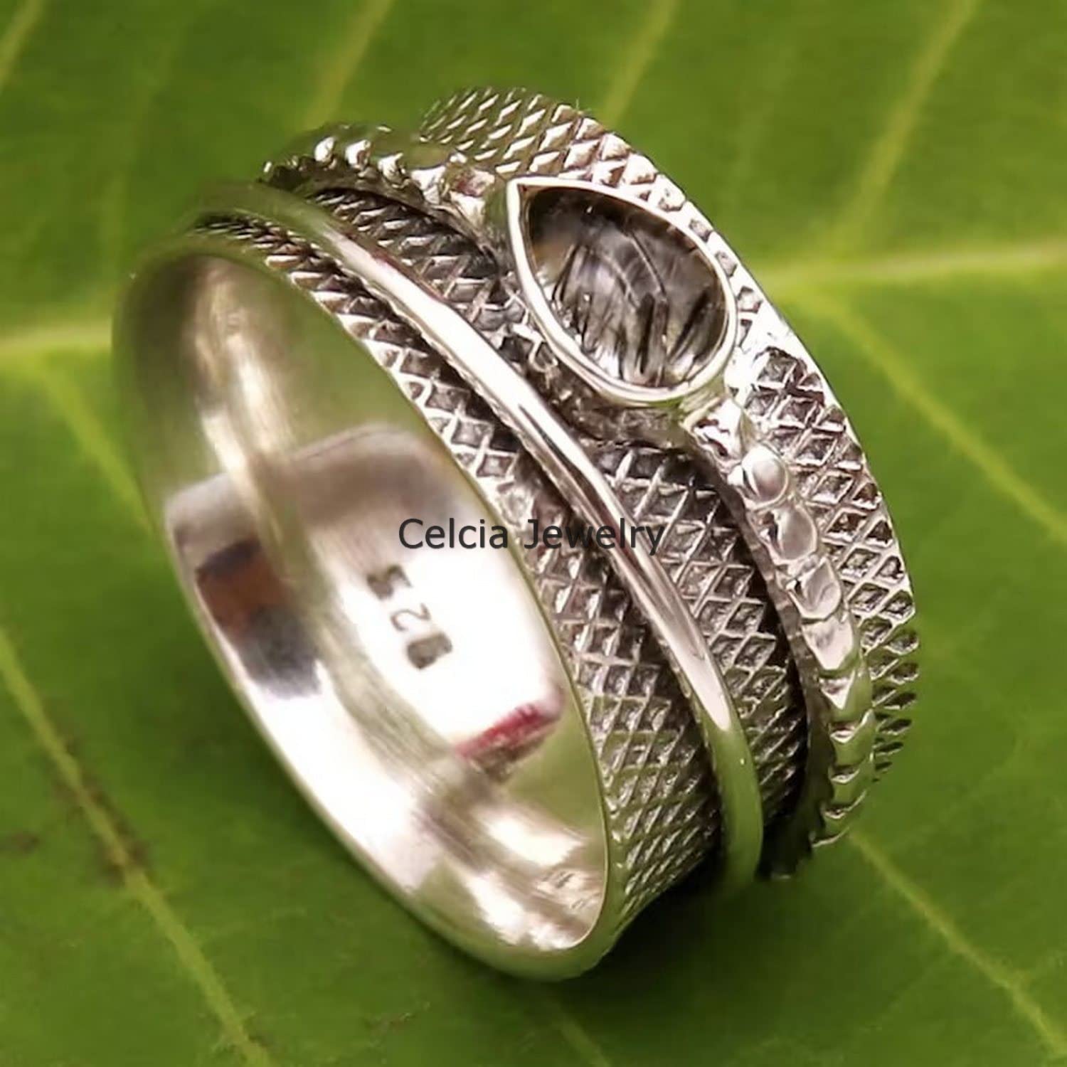 Anillo giratorio de cuarzo rutilado negro en plata, anillo de meditación para hombres y mujeres, anillo de regalo para el Día de la Madre (talla 7 de EE. UU.)
