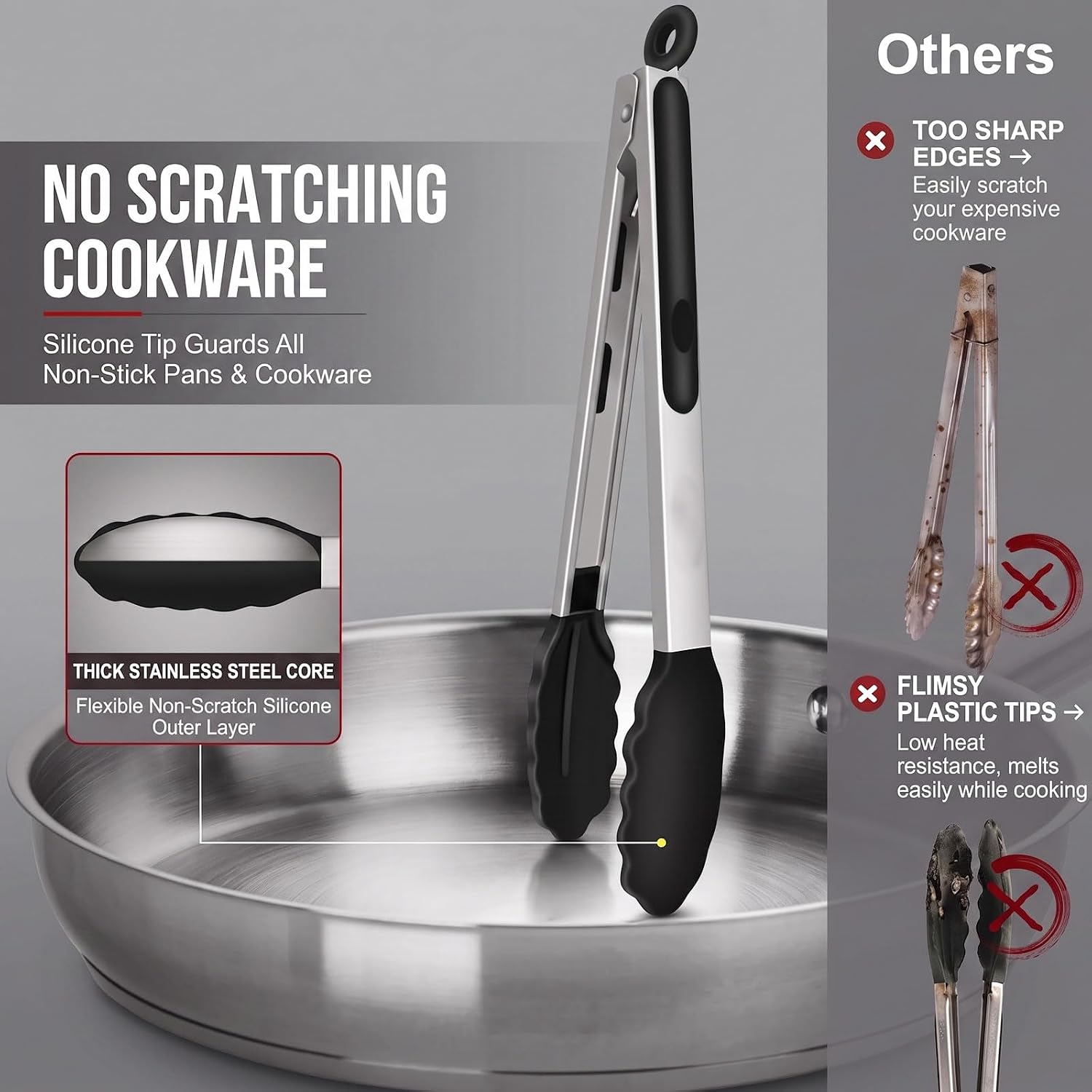Kitchen Tongs with Silicone Tips, Cooking Tong Set 7/9/12 in and Oil Brush