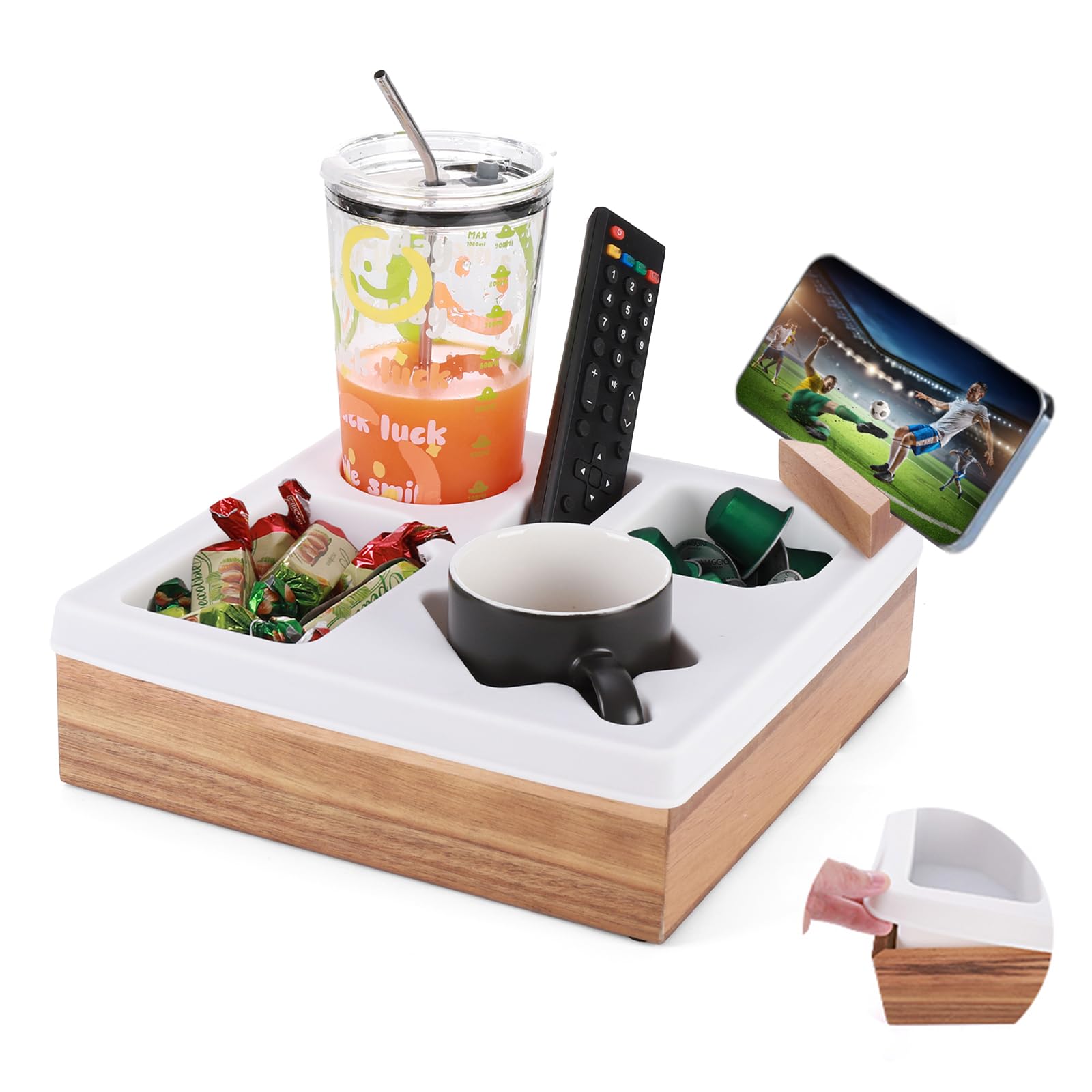 Couch Cup Holder Tray, Silicone Acacia Wooden Couch Caddy with Cup Holder for Snacks, Drinks, Remotes, Waterproof Cup Holder for Couch, Organizer, Couch Drink Holder, Pillow