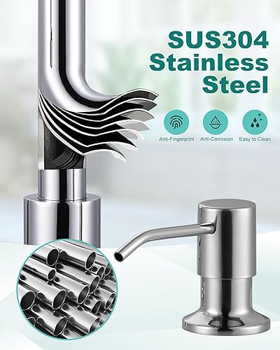 Miniatura 8 de Grifo de cocina cromado con dispensador de jabón grifo de cocina de acero inoxidable con rociador desplegable para fregadero de 2 o 4 agujeros, 3