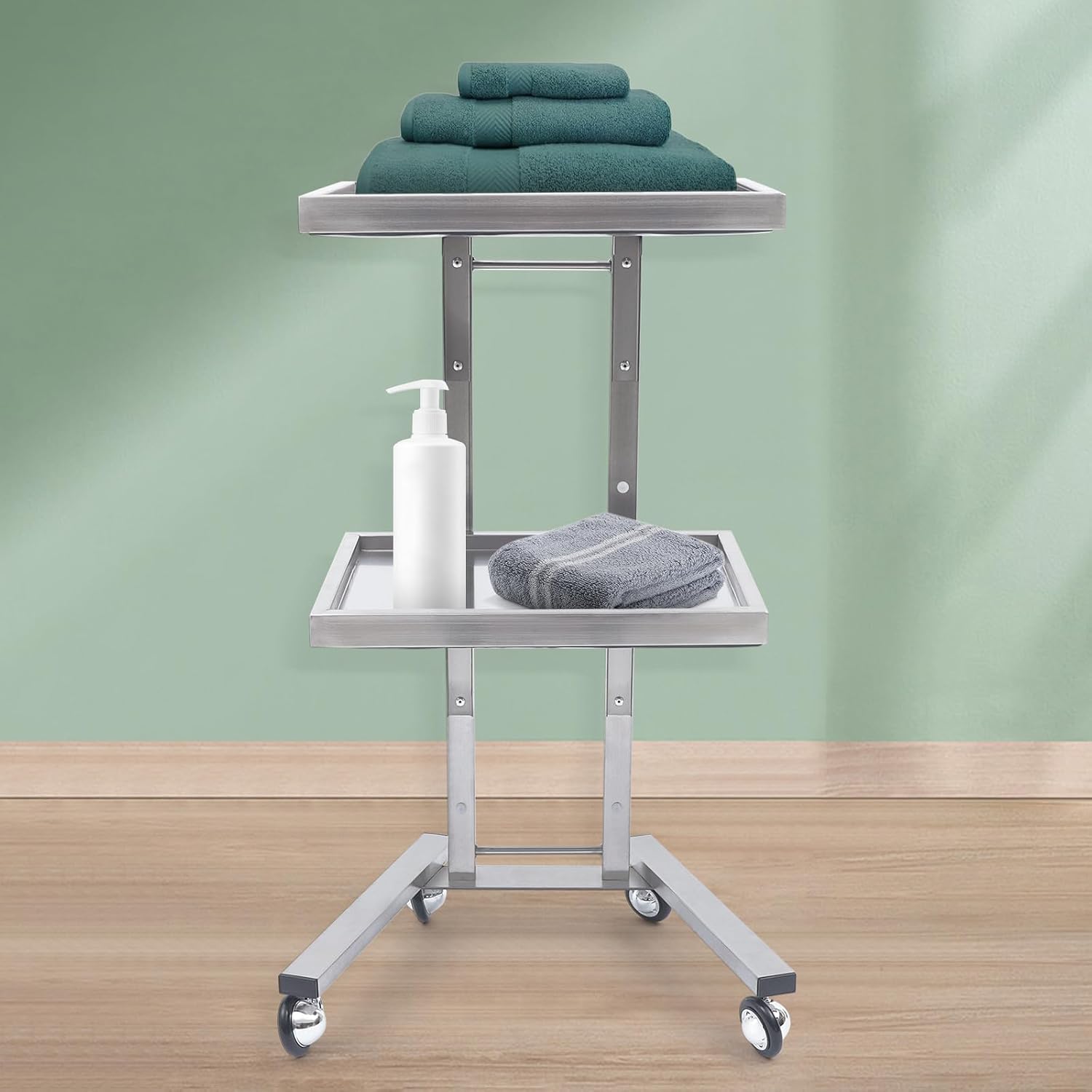 2 Tier Metal Rolling Cart, Stainless Steel Salon Tray with Wheels, Foldable Utility Carts, Rolling Tray Salon Trolley Beauty Hair Lash Cart Stand image 3