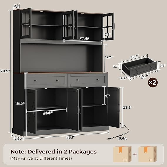 PRAISUN 71''H x 55.1''W Pantry Cabinet with Charging Station, 4 Wide Cabinets Kitchen Pantry with 2 Drawers, Farmhouse Hutch Storage Cabinet, Tall Coffee Bar, Acrylic Door, Adjustable Shelves, Black