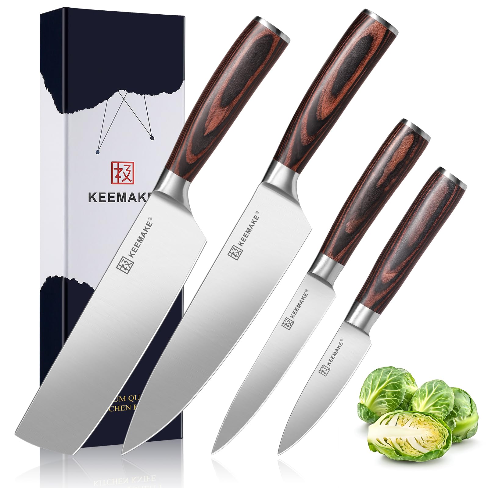 KEEMAKE Kitchen Knife Set of 4pcs - Sharp Kitchen Knives High Carbon Stainless Steel Blade, Chef Knife Set Pakkawood Handle Knives Set for Kitchen, w/Elegant Gift Box