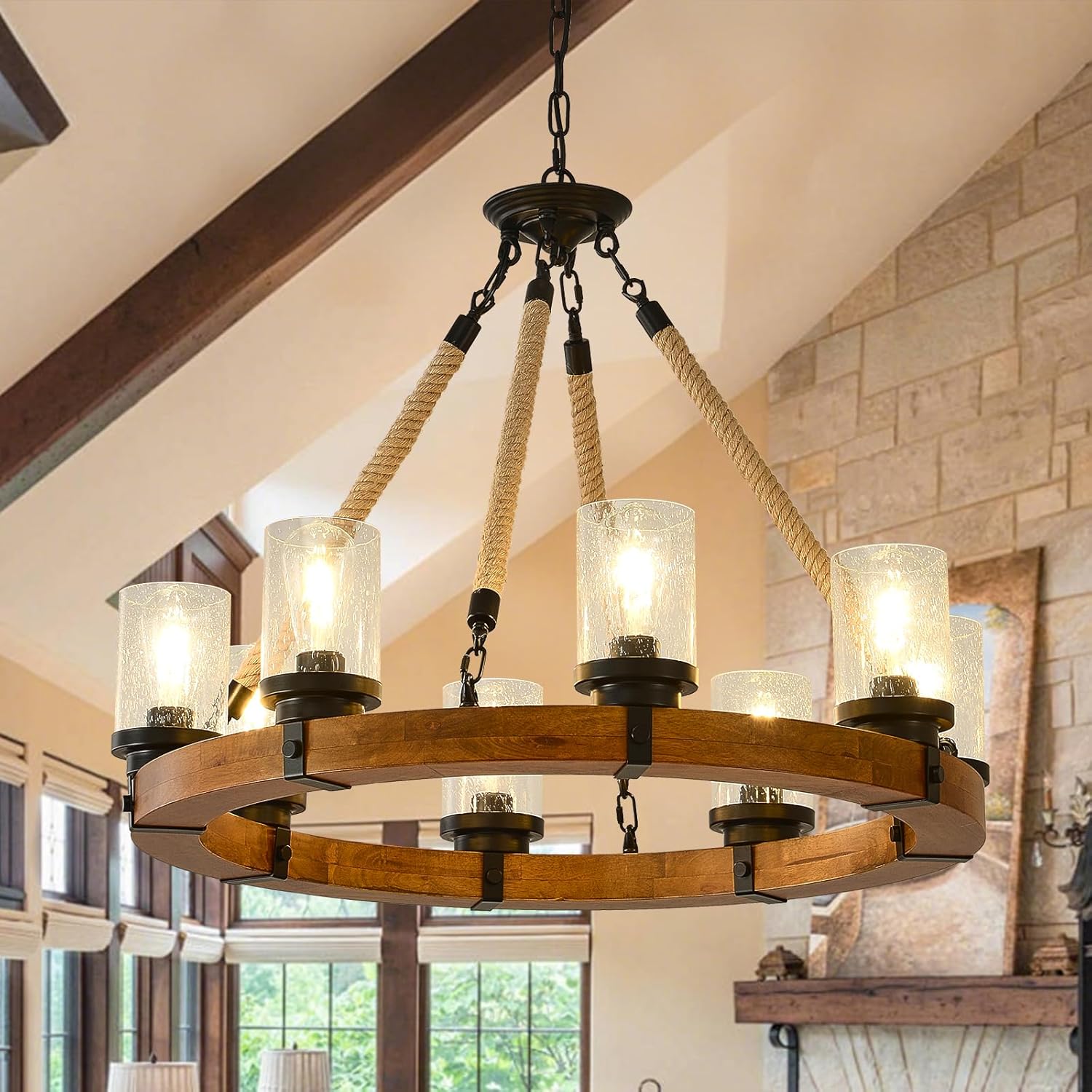Rustic Wagon Wheel Chandelier 6Light Farmhouse Wood Chandelier with Seeded Glass Shade, Rustic Round Wood Pendant Light Fixtures for Dining Room Kitchen Island Foyer Entryway