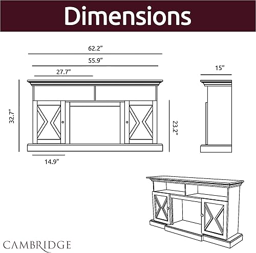 Miniatura 6 de Cambridge Summit - Soporte de TV independiente de 62 pulgadas con puertas y calentador eléctrico de 1500 W con pantalla de cristal, llamas