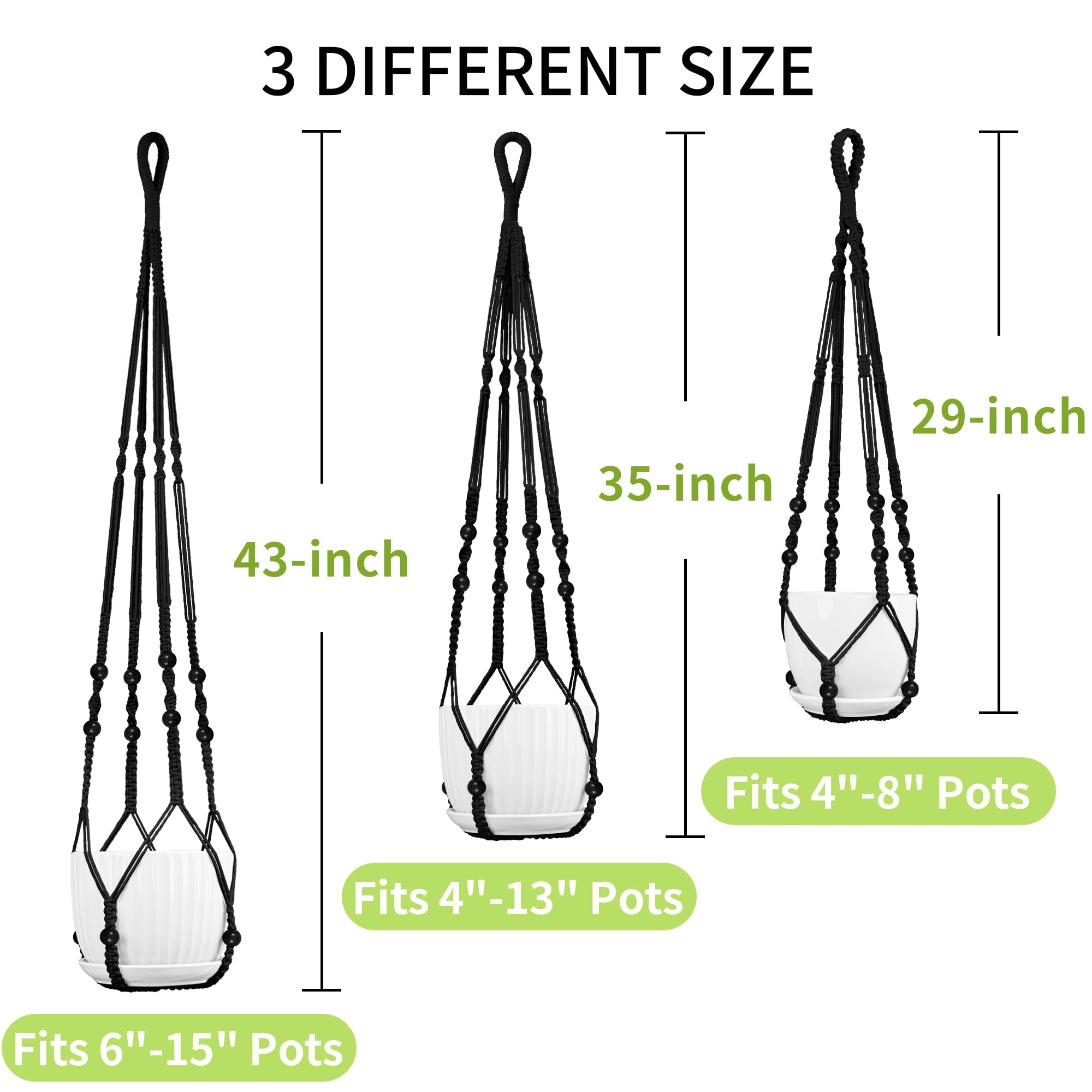 Lot de 3 suspensions en macramé pour plantes – 109,2 cm/88,9 cm/73,7 cm de différentes tailles, support de pot de fleurs à suspendre pour intérieur et extérieur, avec perles en bois