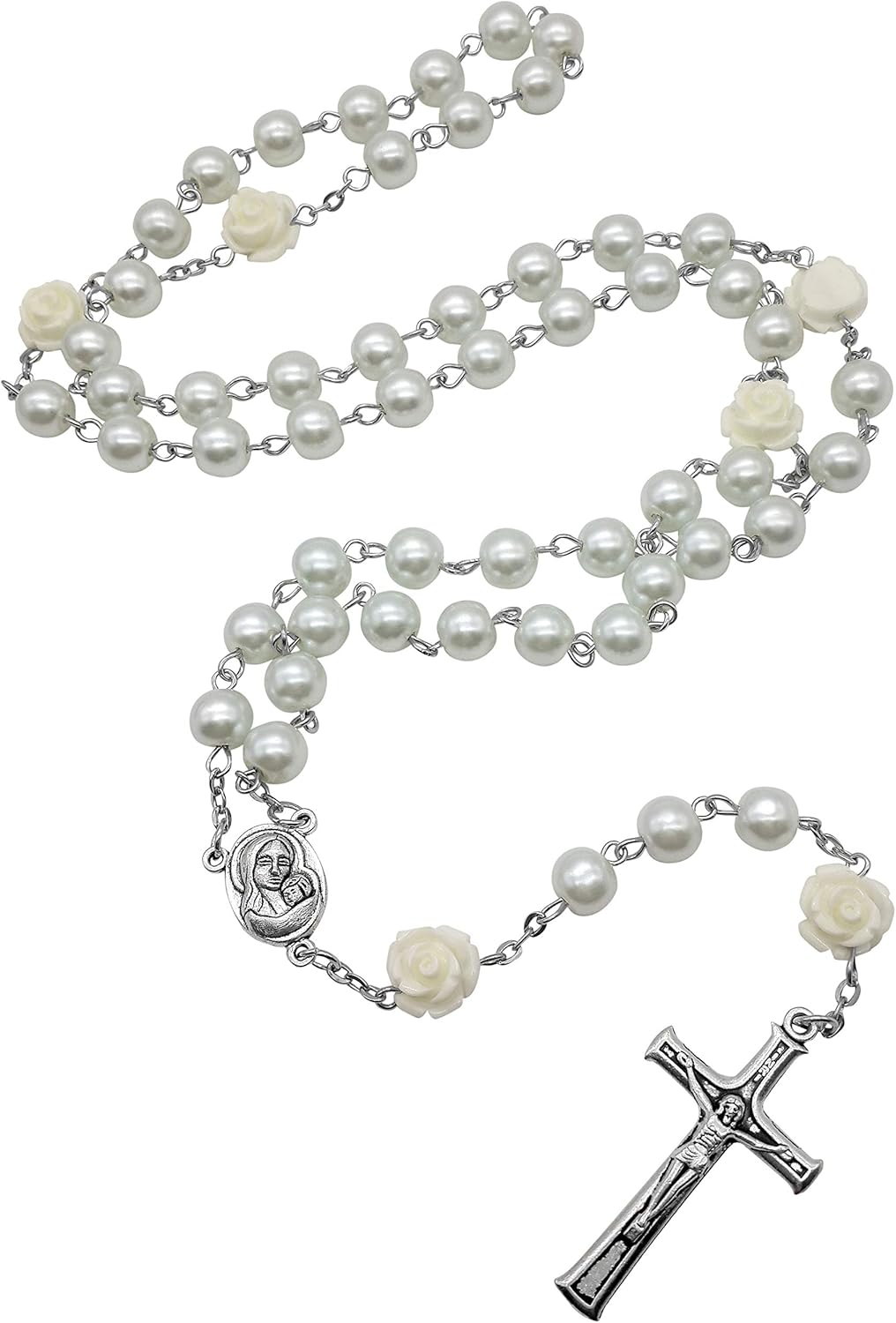 Nazareth Store White Pearl Beads Rosary Roses Mystery Beads Prayer Necklace Our Rose Lourdes Medal and Cross Crucifix - Image 2