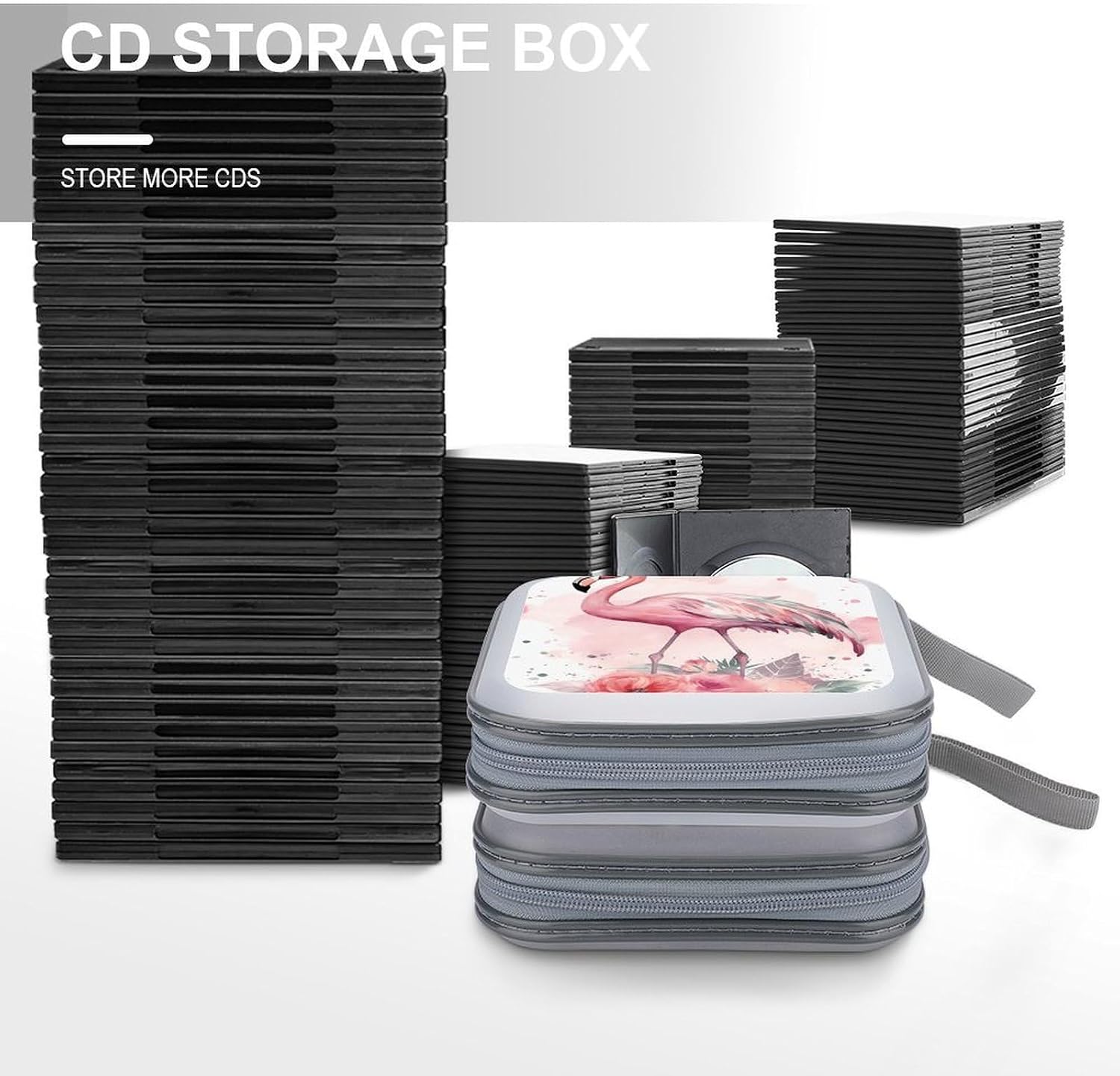 Vintage Boho Flamingo Florals CD Case 40 Capacity Hard Plastic DVD Case Portable Zipper CD Case Holder Disc Cases Storage Binder Large Storage Disc Wallet Bag for Car Home Office Travel