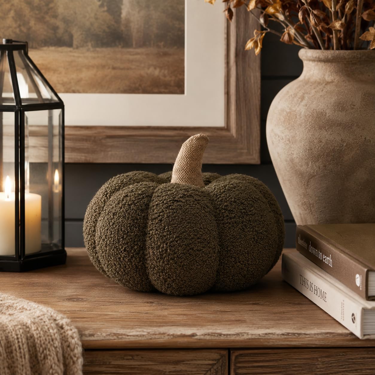 Pearhead Sherpa Pumpkin Pillow Decor, Modern Fall Home, 9", Olive Green