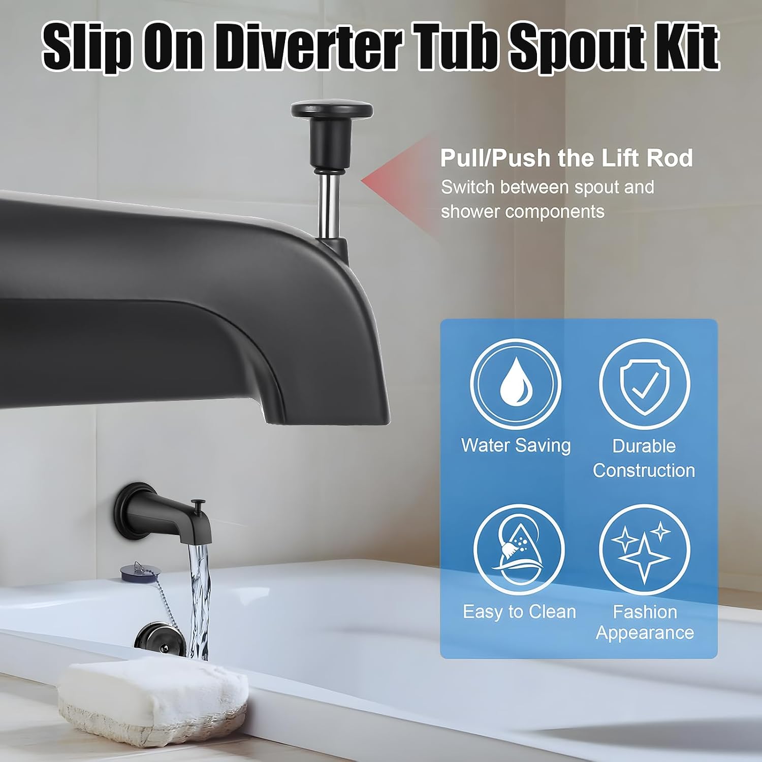 Dreyoo Slip On Diverter Tub Spout with Metal Cover Ring and Foam Gasket, Compatible with Kohler GP85556-CP, Bathroom Bathtub Faucet Set Replacement Fits 1/2'' Copper Water Tube(Matte Black)