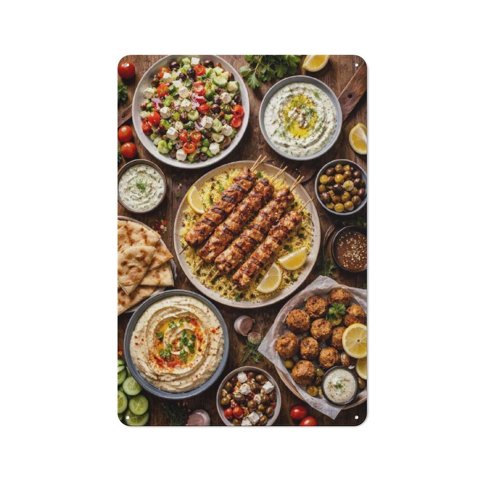 Junmoney Style-14 Tin Wall Plaque 30X20cm With Mediterranean Feast With Kebabs And Dips For Home Office Or Studio, For Metal Sign Collectors, For Garage And Workshop Walls
