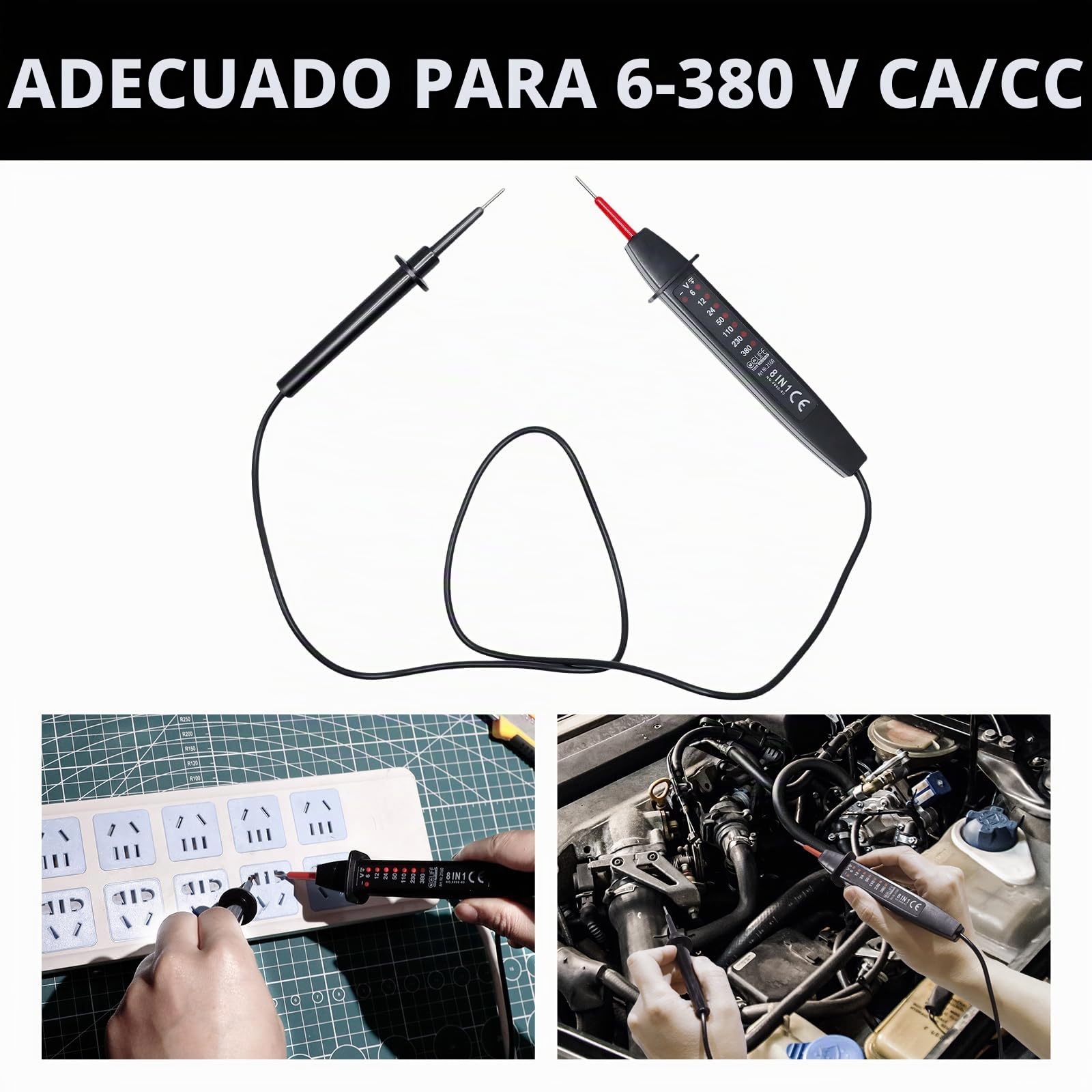 CCLIFE Probador de Tensión Bipolar 6-380V AC/DC con Pantalla LED – Test de Fase Robusto y Ergonómico (sin batería)