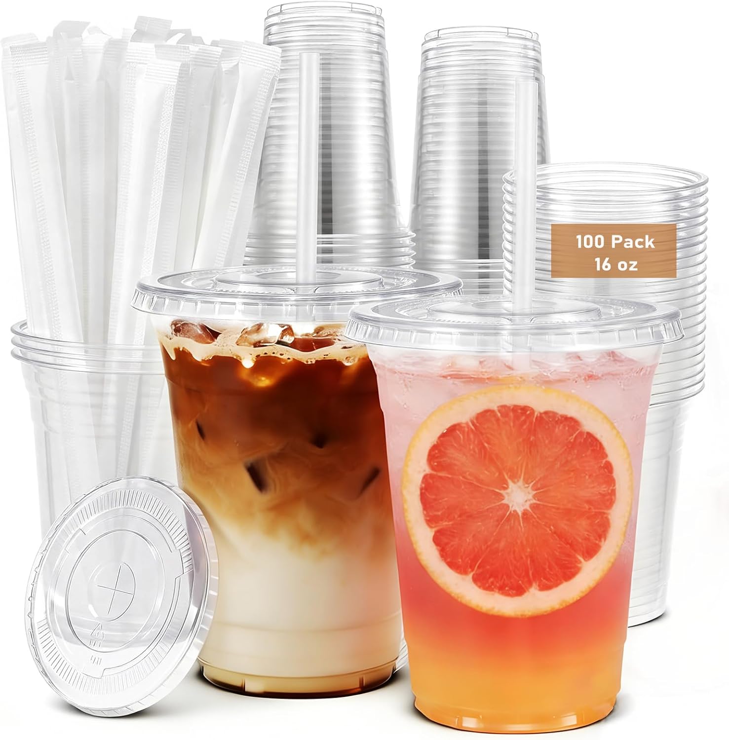100 Pack 20 oz Clear Plastic Cups with Lids and Straws - Disposable Iced Coffee Cups with Lids for Cold Juice Drinks, Smoothie, Coffee Bar Accessories, Leak-Proof & Durable To Go Cup, BPA-Free