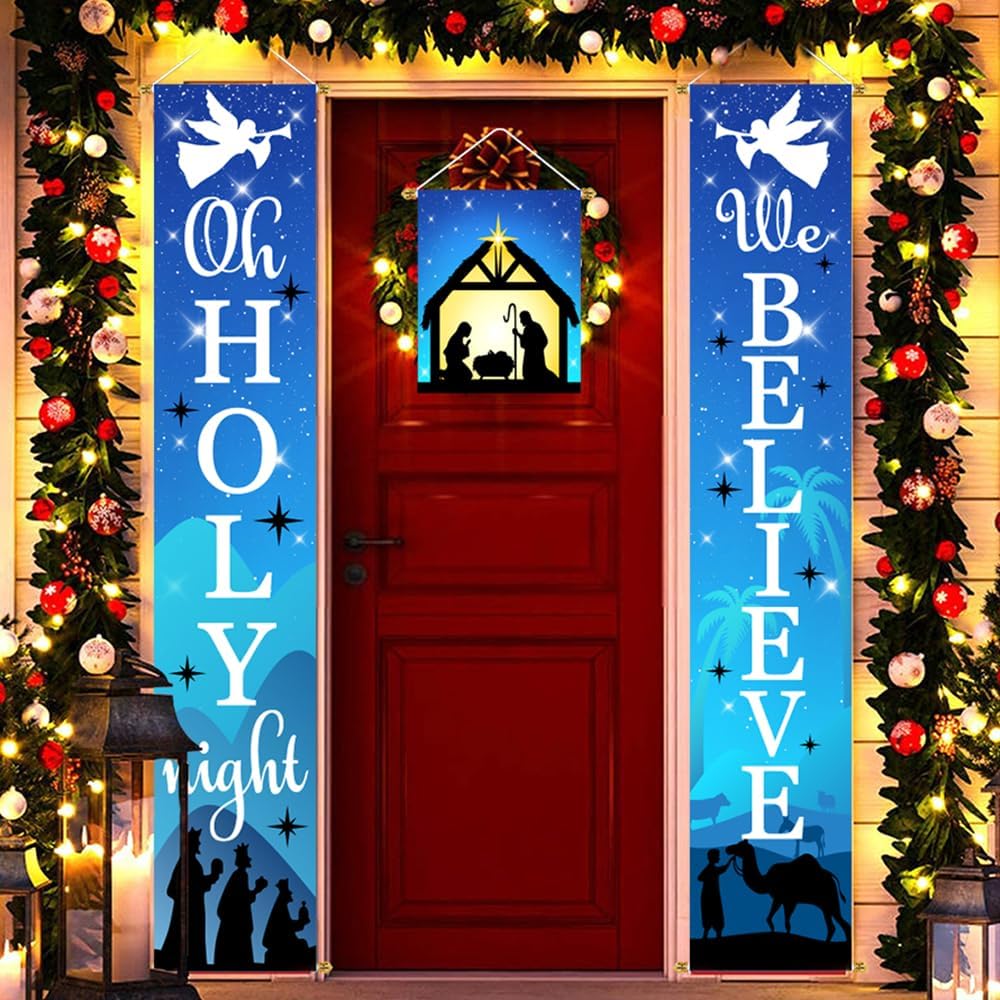 Christmas Decorations Outdoor Yard: Blue Holy Night Banner Front Porch Sign Set, Hanging Jesus Religious Christmas Decorations for Home, Indoor Outdoor Xmas Decor Wall Front Door Yard Garage
