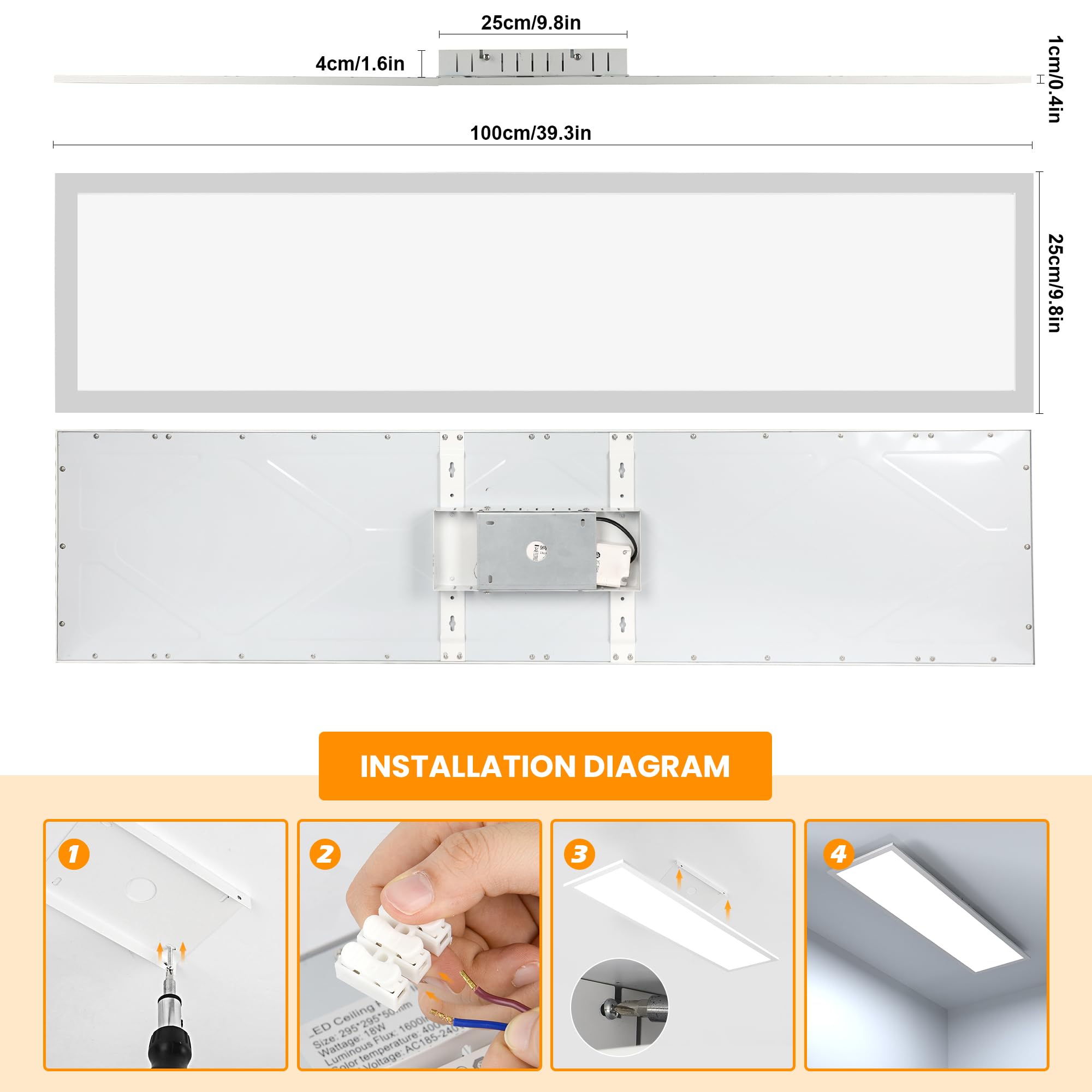 OTREN Plafoniera LED Soffitto 100x25CM, Dimmerabile Pannello LED con Telecomando, 36W Lampadario da Soffitto per Ufficio Soggiorno Camera Cucina Garage, 3000K-6000K, 3200LM
