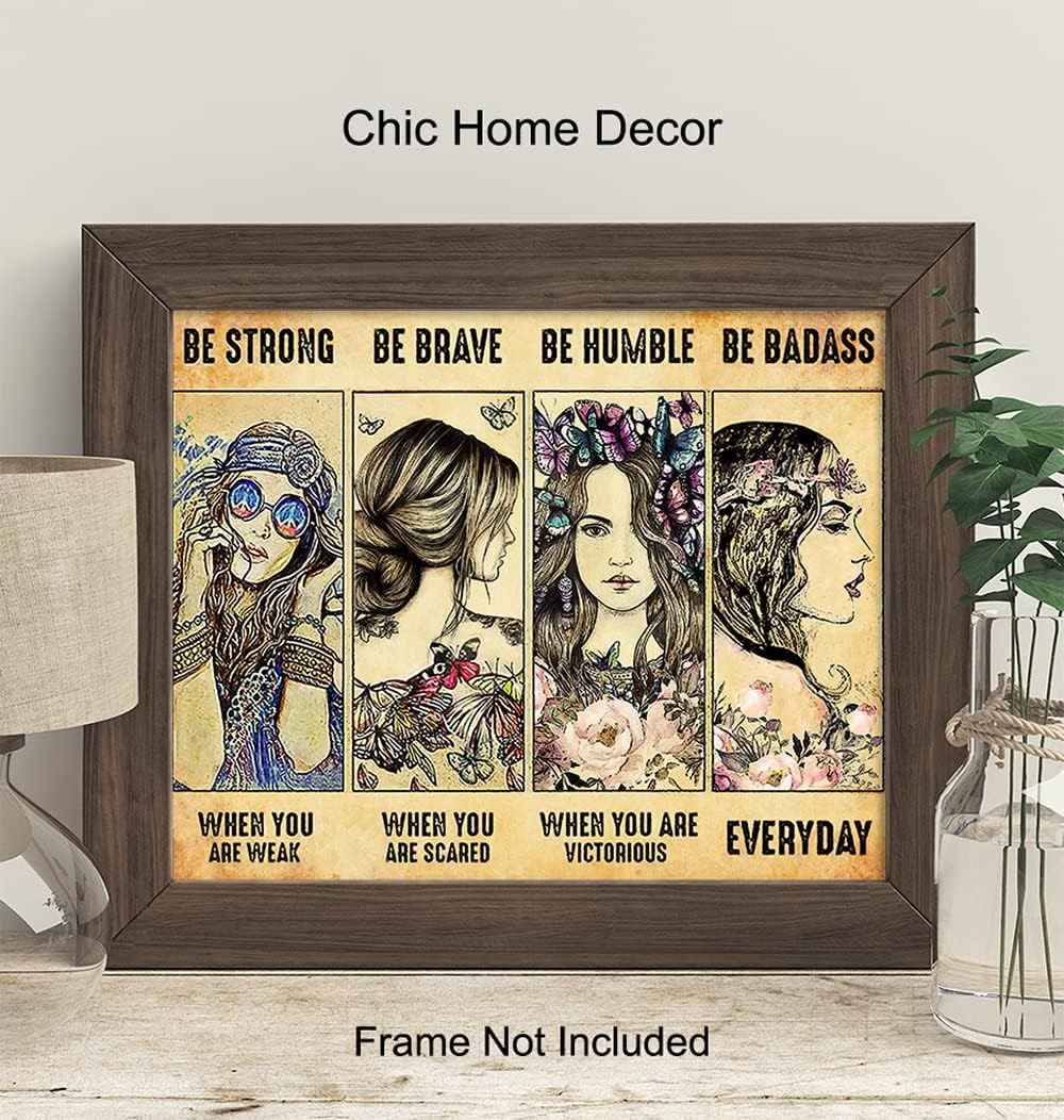 Be strong Be Brave Be Badass Poster - Boho-chic Bohemian Wall Decor - Motivational Feminism Wall Art - Inspirational Positive Quotes - Encouragement Gifts for Women Girls Teens - Hippie Room Decor