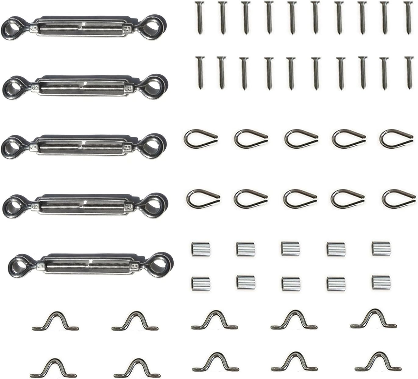 Cable Railing Tools Kits 5 Pack- 1/8 Inch Stainless Steel DIY Balustrade Kit withwith Eye-Eye Turnbuckles, Thimbles (Ferrules), Eye Straps, Swages and Self Tapping Screws Heavy Duty