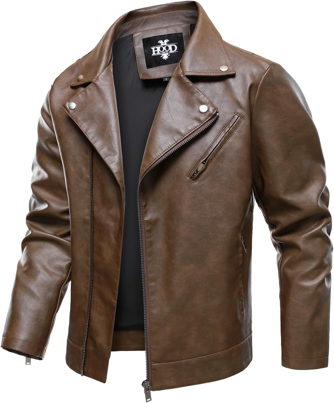 HOOD CREW Men’s Faux Leather Jacket Cool Motorcycle Lapel Biker Jackets Zip Up Riding Coat - Image 3