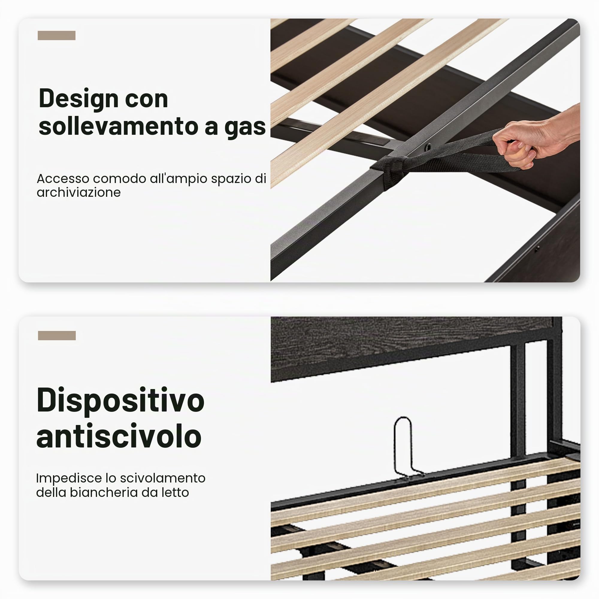 LUXOAK Letto Contenitore con Sollevamento 140 x 200 cm, Spazio Contenitore e Stazione di Ricarica, Nessun Box Spring Necessario, Silenzioso, Nero, Senza materasso