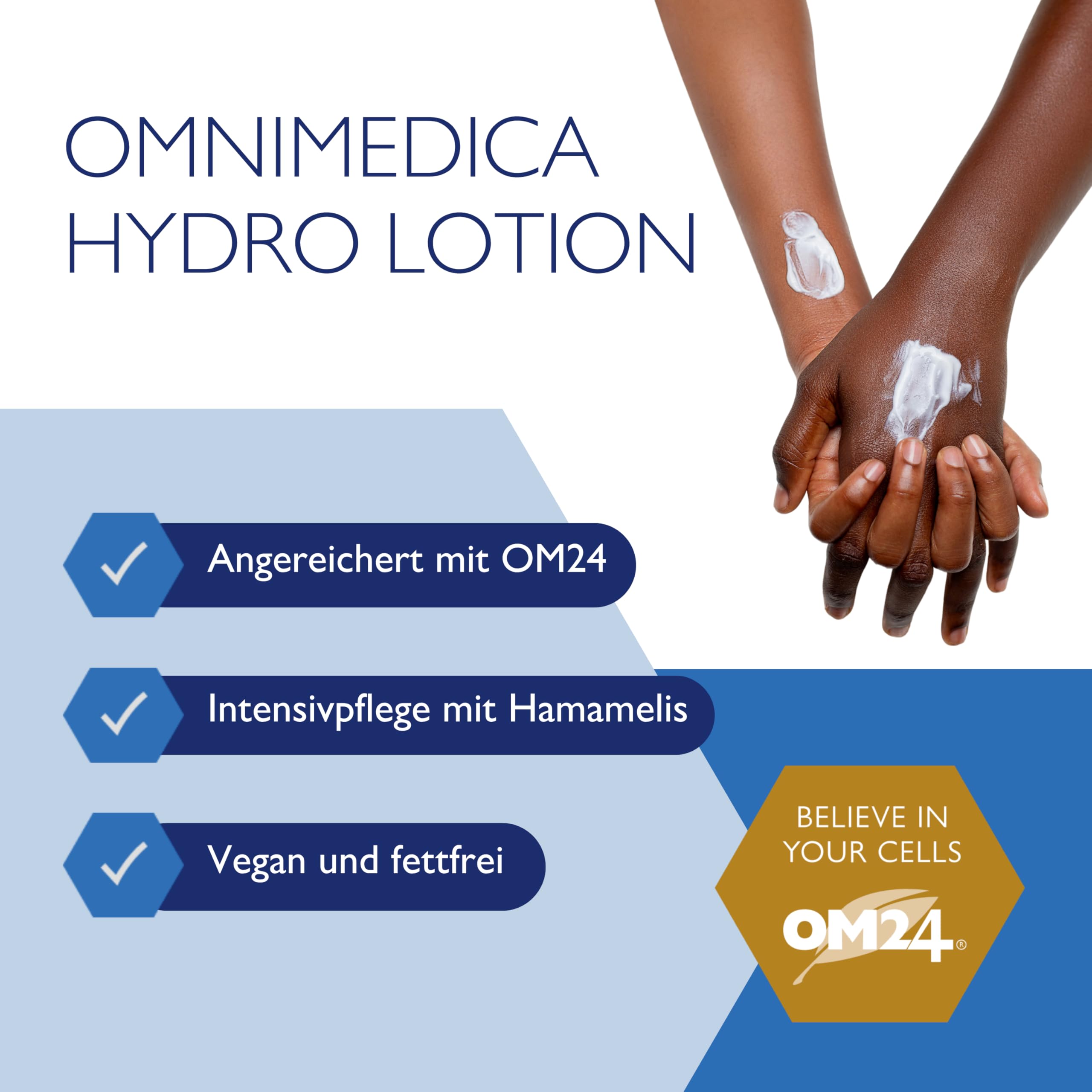 OMNIMEDICA Hydro Lotion – Feuchtigkeitsspendende, fettfreie Körperlotion gegen Falten, Altersflecken & Pigmentstörungen – mit OM24® & Hamamelis – für Damen, Herren & Kinder – vegan & Swiss Made
